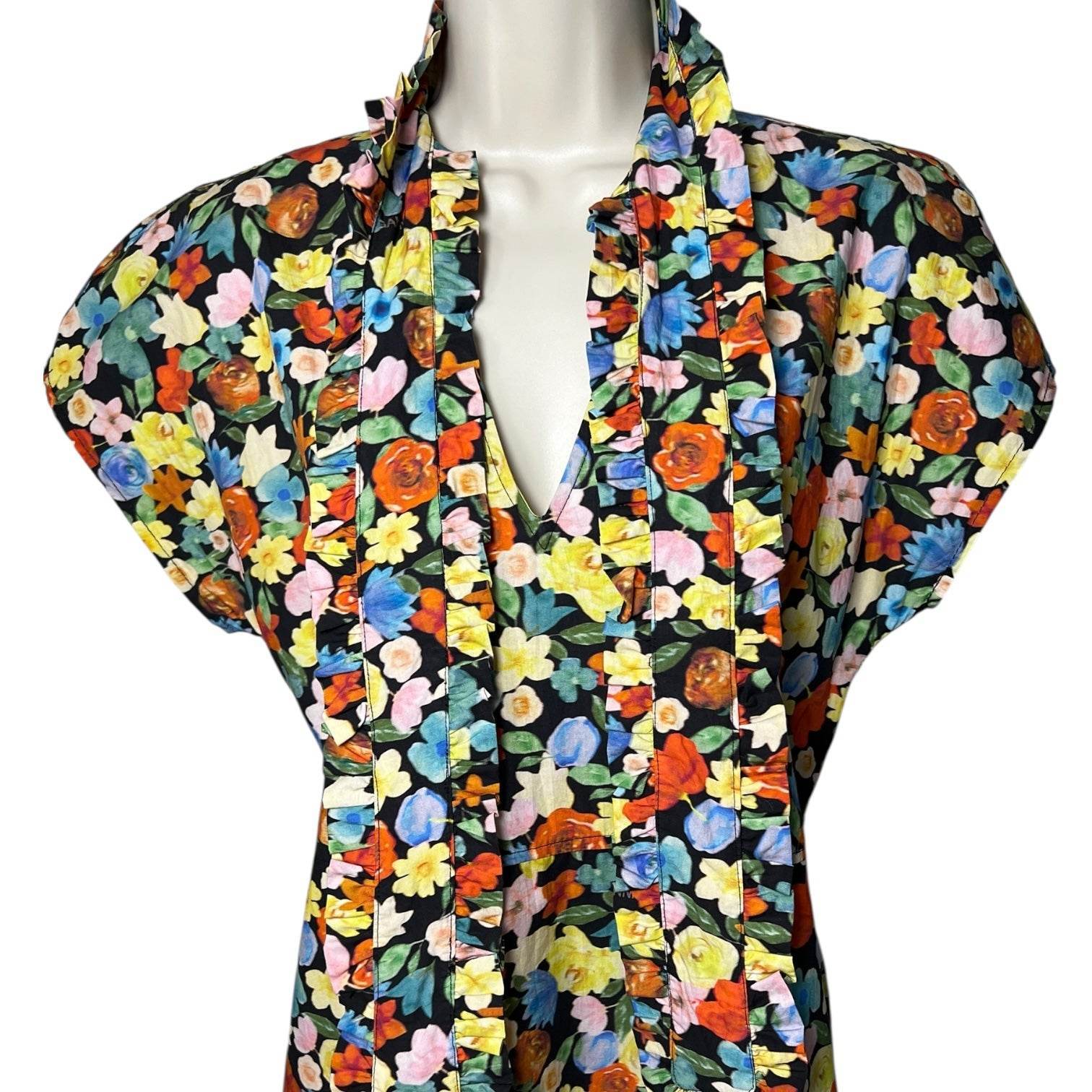 Ganni Floral Cotton Midi Dress – Ruffle Tie Neck, Boho Cottagecore Style, Size 38 (UK10) – pre-loved