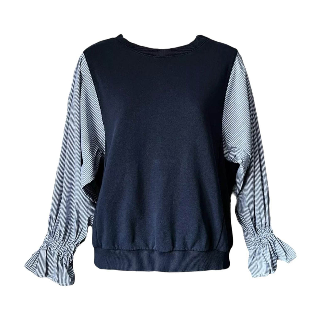 Essentiel Antwerp Cotton Sweatshirt – Striped Poplin Sleeves, Relaxed Fit, UK 8 – pre-loved