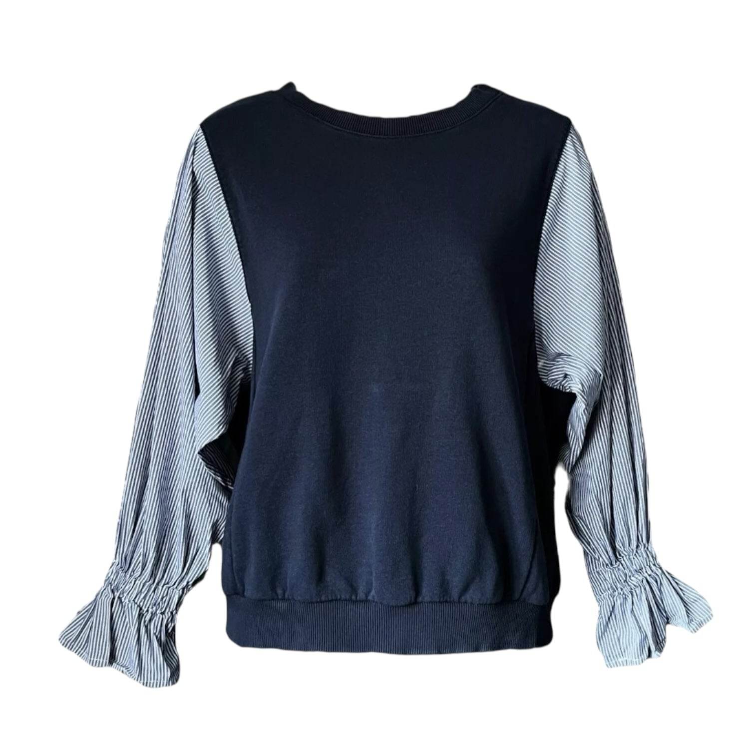 Essentiel Antwerp Cotton Sweatshirt – Striped Poplin Sleeves, Relaxed Fit, UK 8 – pre-loved