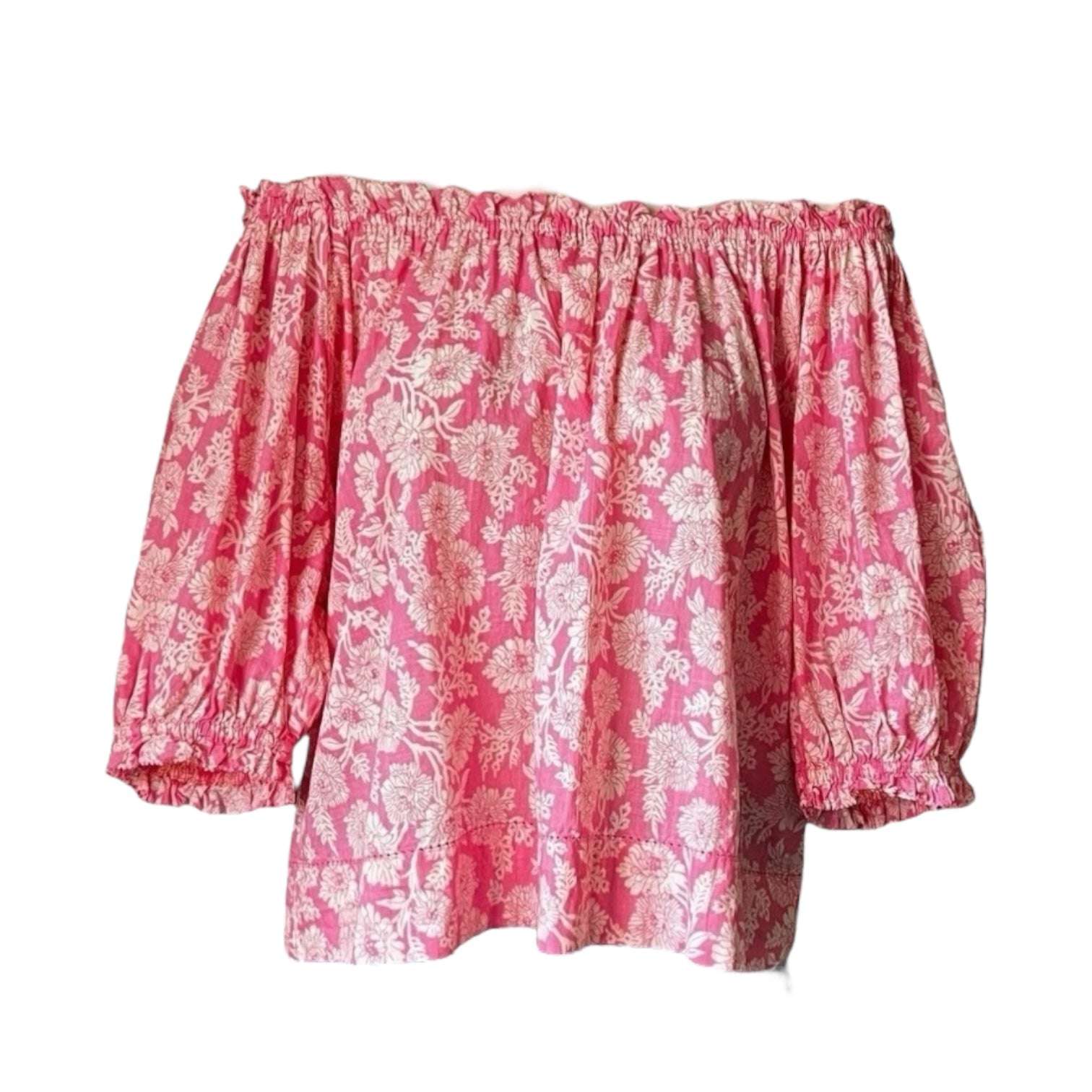 The Great Off-Shoulder Floral Top – Boho Prairie Style, Pink Cotton Poplin, Size 2 (M) – pre-loved