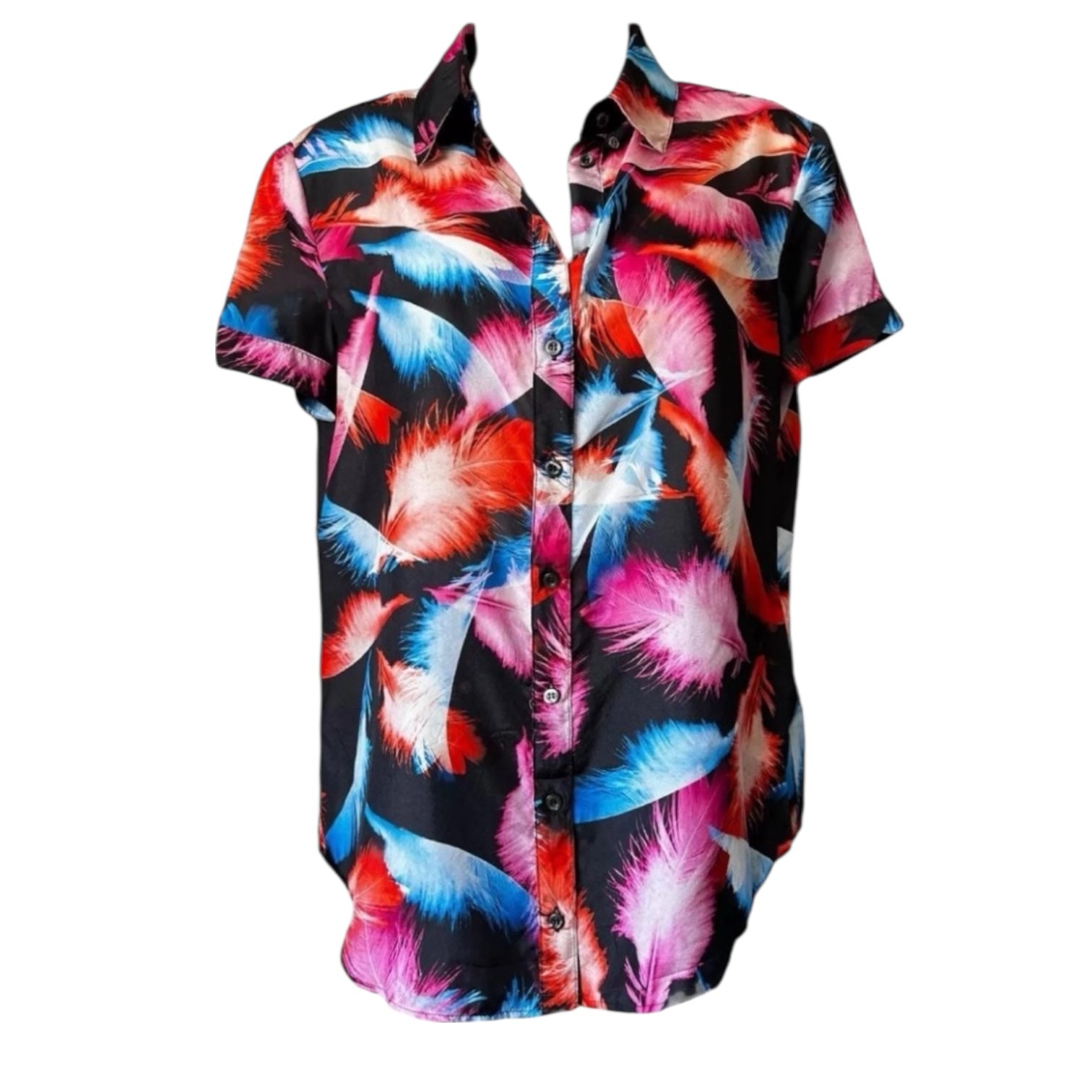 MCQ Alexander McQueen Silk Feather Blouse – Fitted Button-Up, Short Sleeves, IT 44 – pre-loved