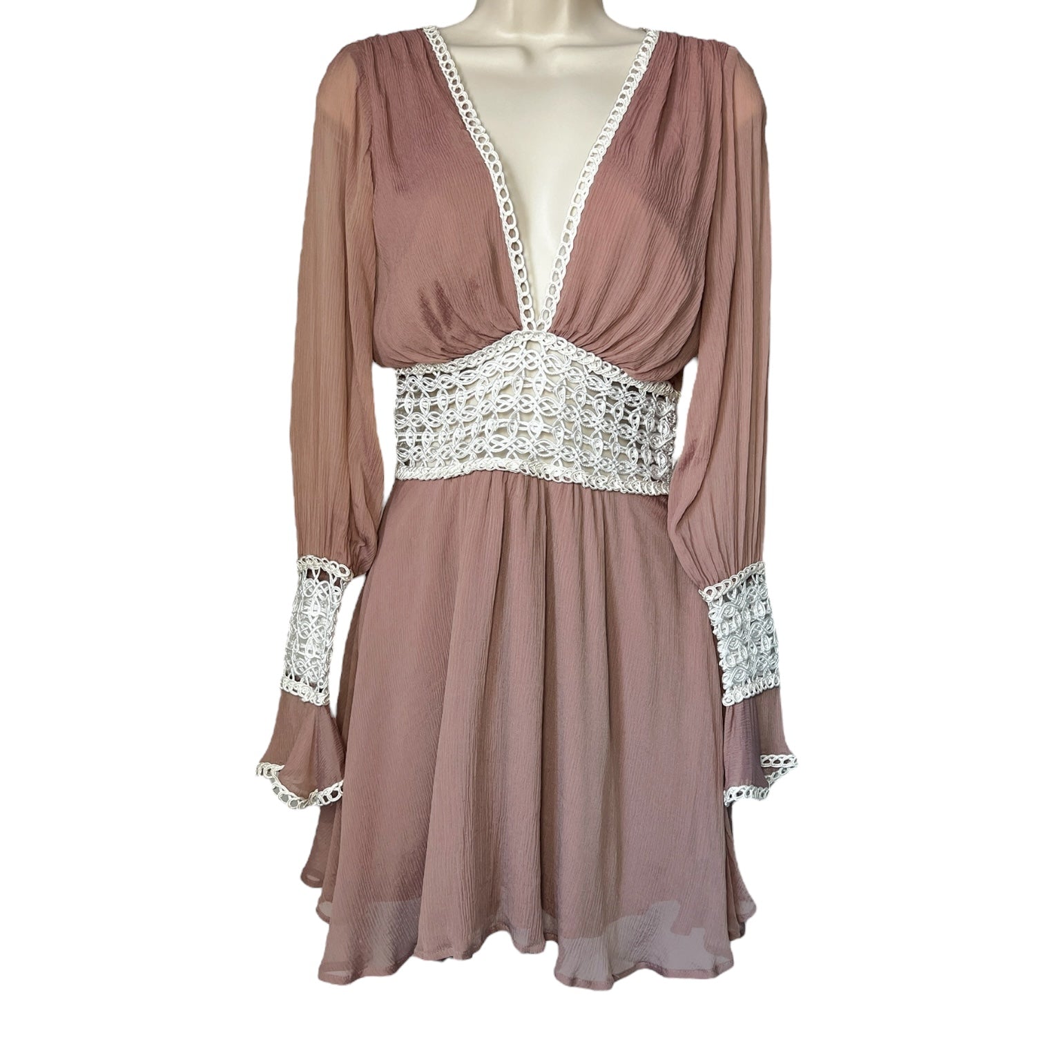 For Love & Lemons Silk Lace V Neck Long Sleeve Mini Dress – Blush Pink, XS