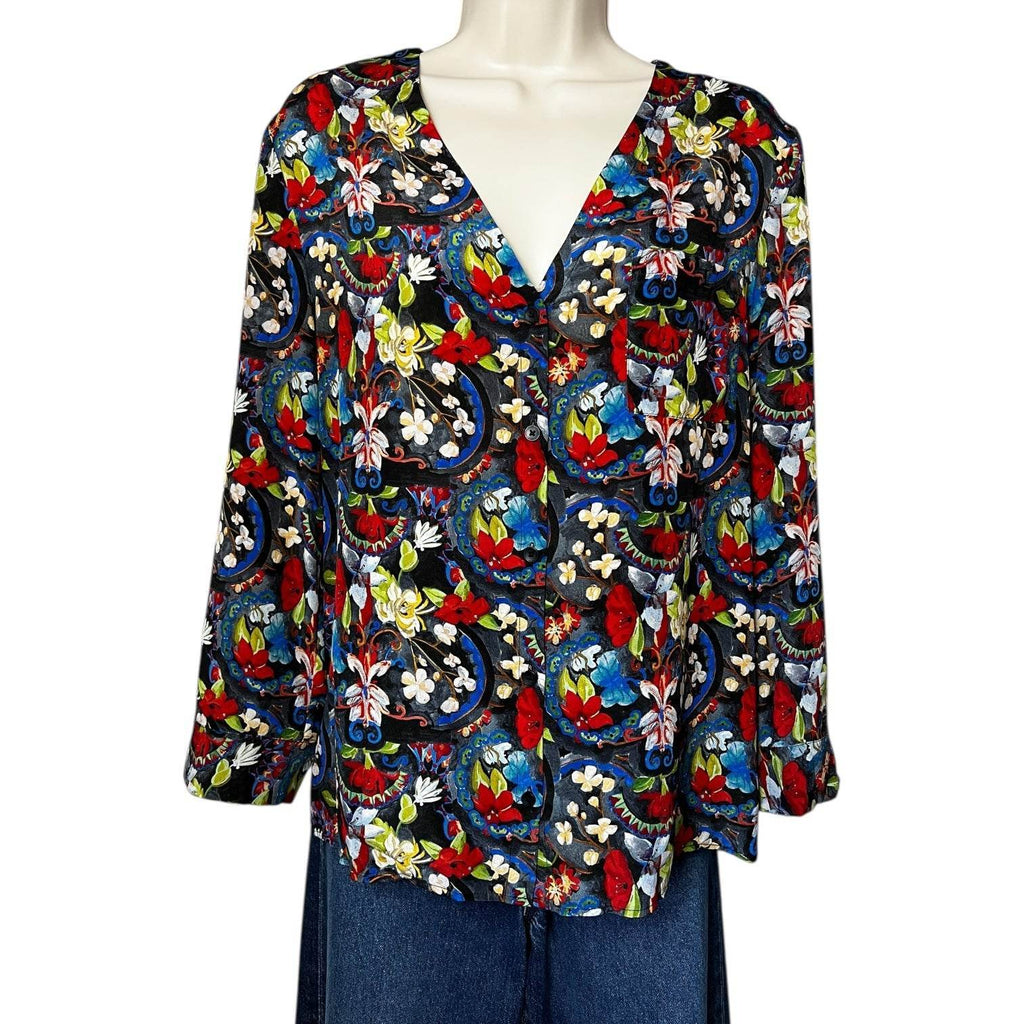 Alice + Olivia Silk Blouse – Floral Tapestry Print, Button Front, S – pre-loved