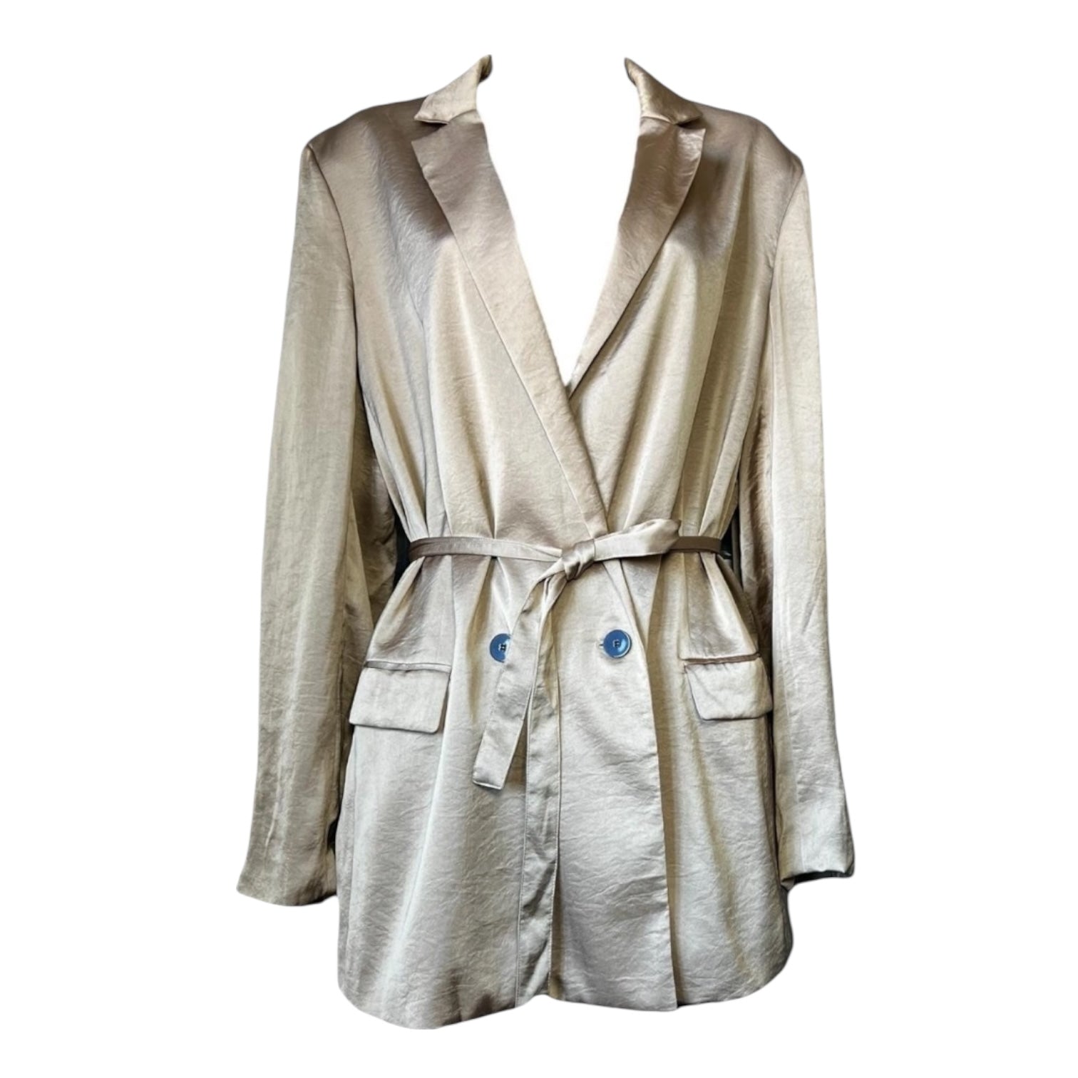 Theory Double-Breasted Belted Blazer – Crushed Satin, Size L – pre-loved