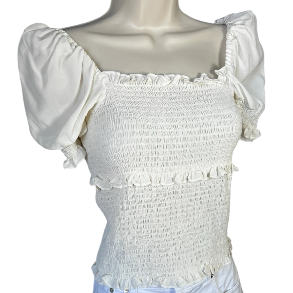 Cinq à Sept Square Neck Puff Sleeves Smocked Ruffle Silk Top – Ivory Blouse, S
