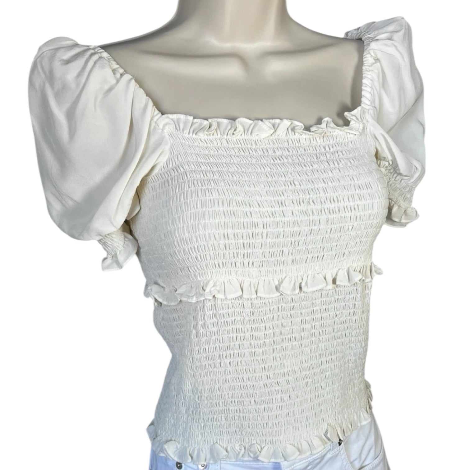 Cinq à Sept Square Neck Puff Sleeves Smocked Ruffle Silk Top – Ivory Blouse, S