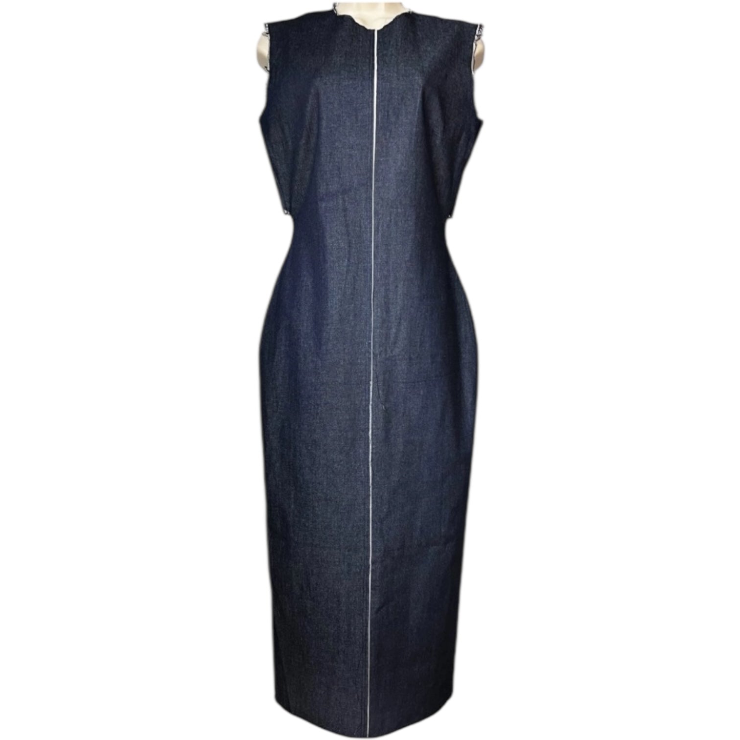 Solace London Denim Chambray Midi Dress – Cut-Out Button Back Shift, UK10