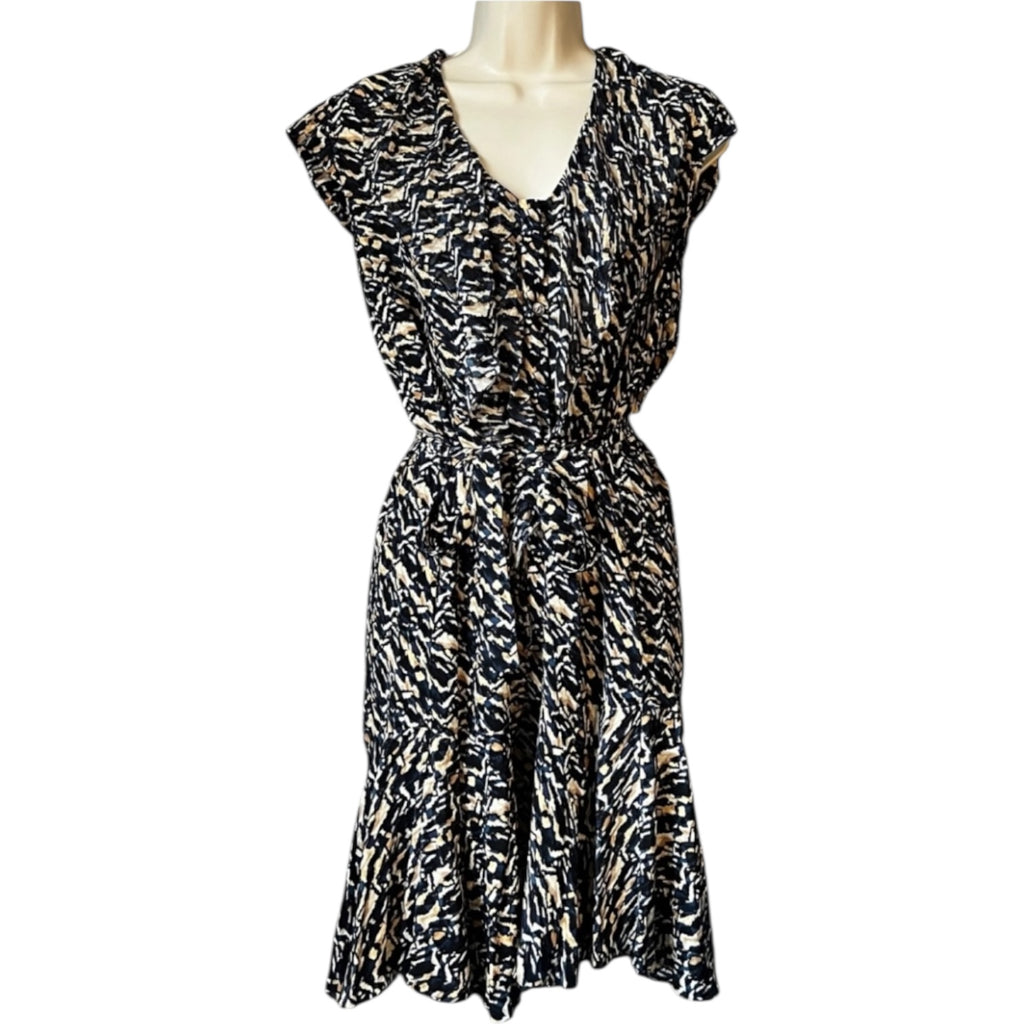 Saloni Silk Ruffle Button Mini Dress – Abstract Print, Belted, UK8 – pre-loved