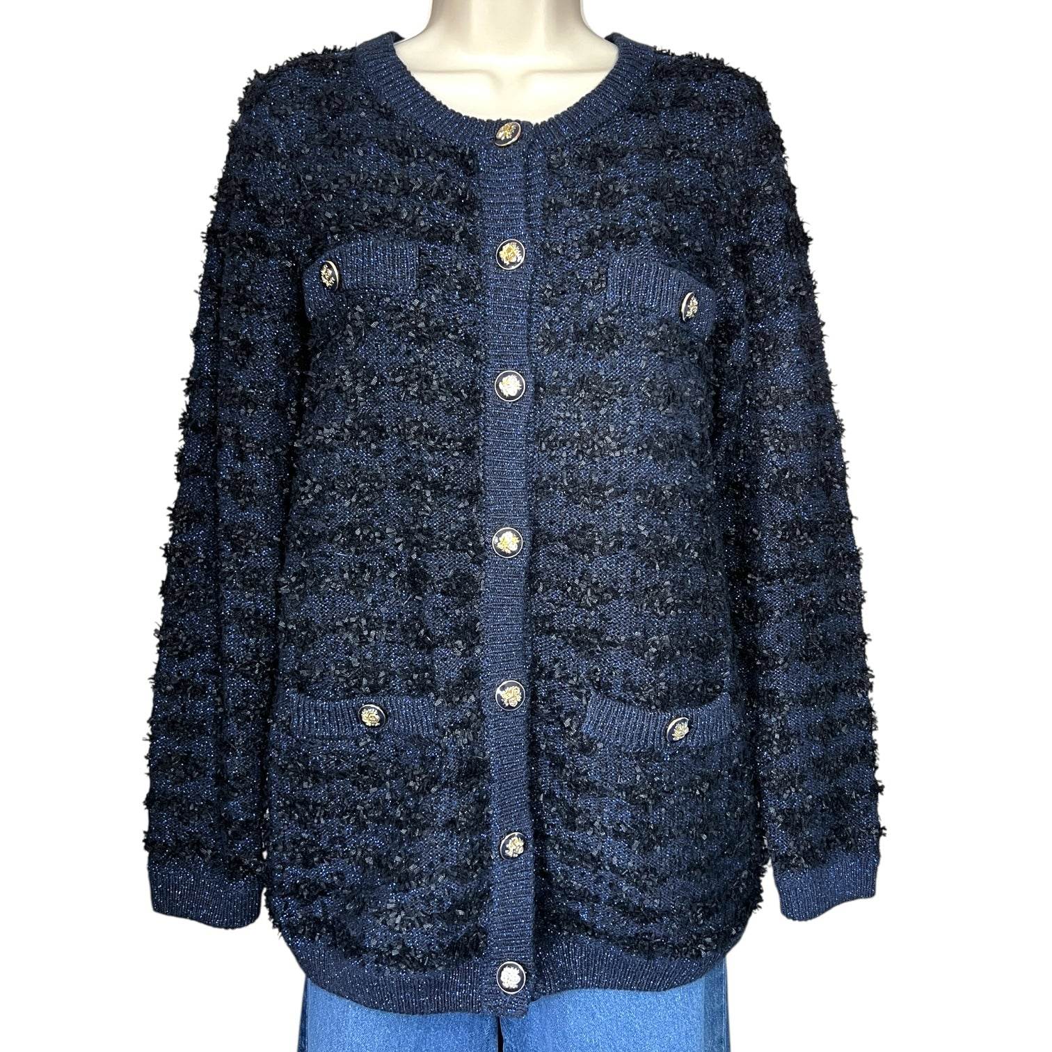 L.K. Bennett ‘Clyde’ Tweed Cardigan – Black/Navy, Size S – pre-loved