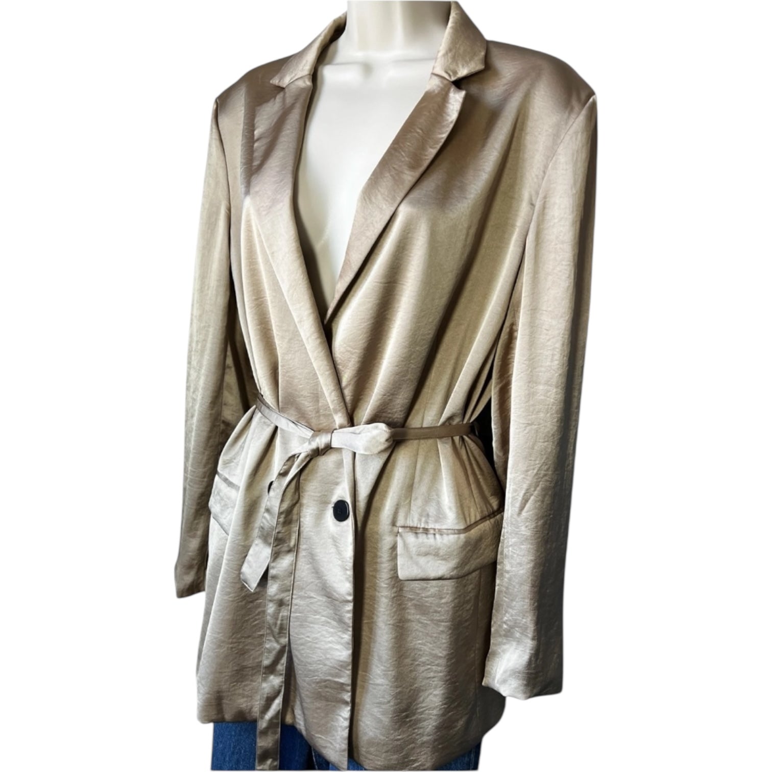 Theory Double-Breasted Belted Blazer – Crushed Satin, Size L – pre-loved