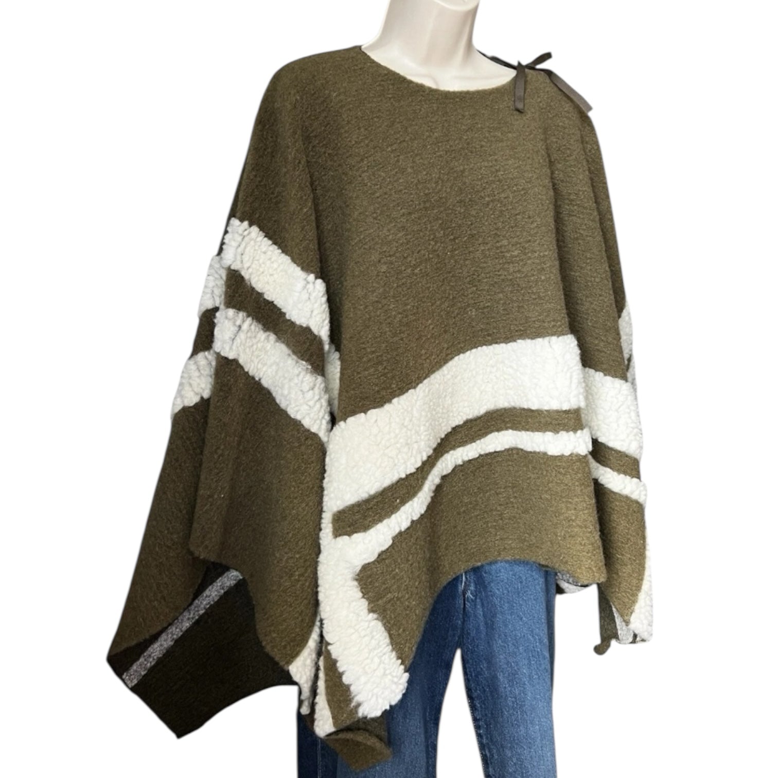 Maje Wool-Blend Shearling Knit Poncho – Khaki Green, OS (Fits XS–L) – pre-loved