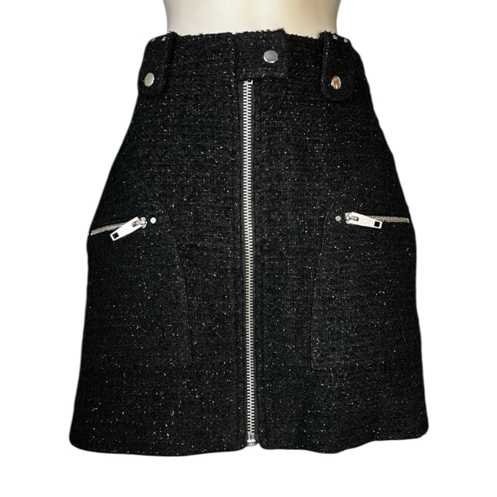 The Kooples Metallic Tweed High-Rise Front Zip Mini Skirt - Black, Sz 1 (UK8)