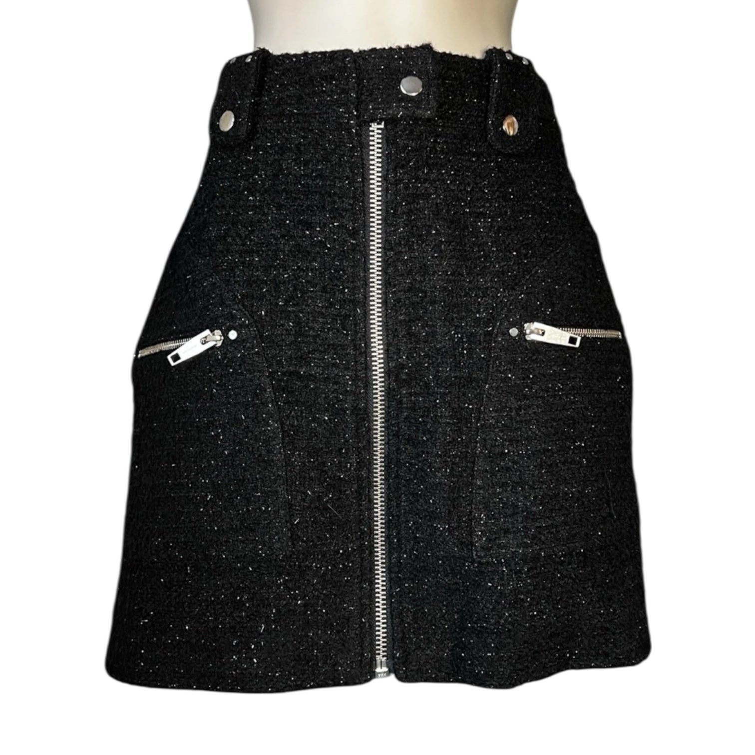 The Kooples Metallic Tweed High-Rise Front Zip Mini Skirt - Black, Sz 1 (UK8)