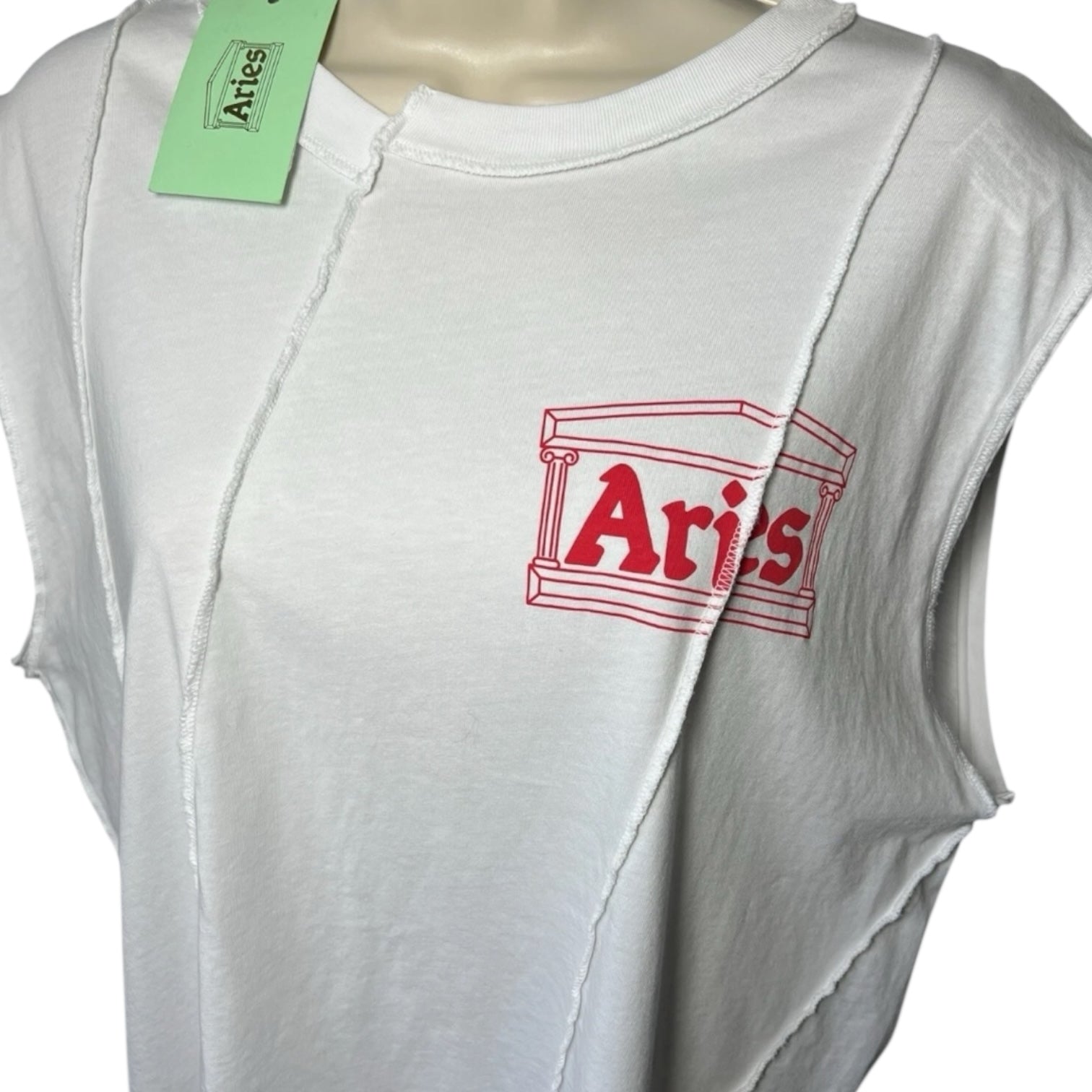 Aries Offset Vest – Deconstructed Temple Print Cotton Top, Size L