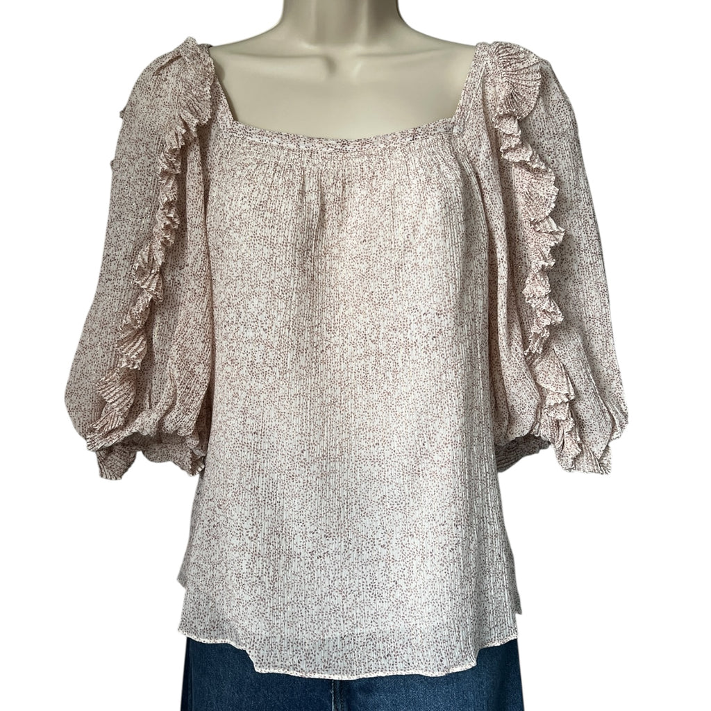 Rebecca Taylor Silk-Cotton Top – Square Neck Ruffle Blouse, US0