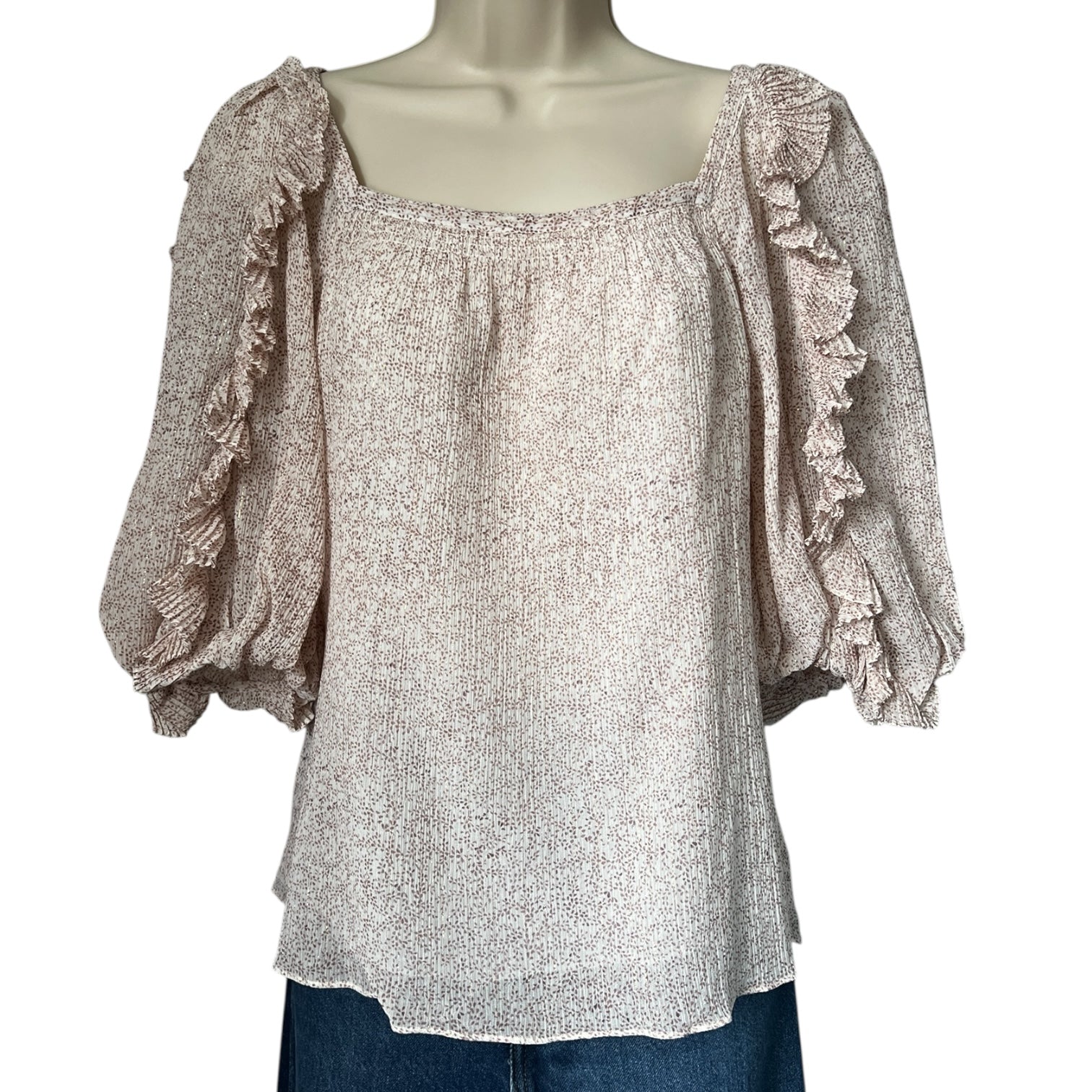 Rebecca Taylor Silk-Cotton Top – Square Neck Ruffle Blouse, US0
