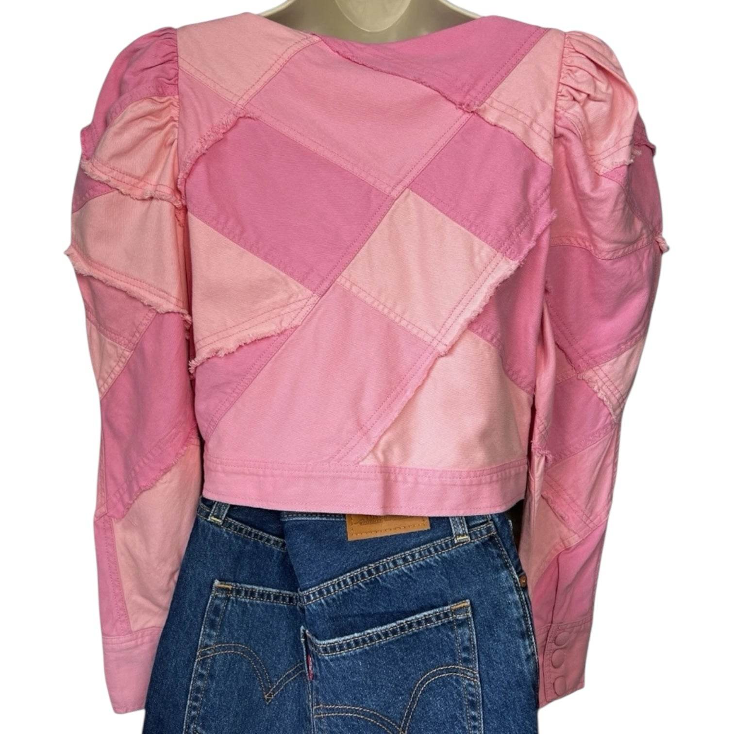 LoveShackFancy Patchwork Denim Cropped Jacket – Puff Sleeves, Fringe, Pink US8 – pre-loved