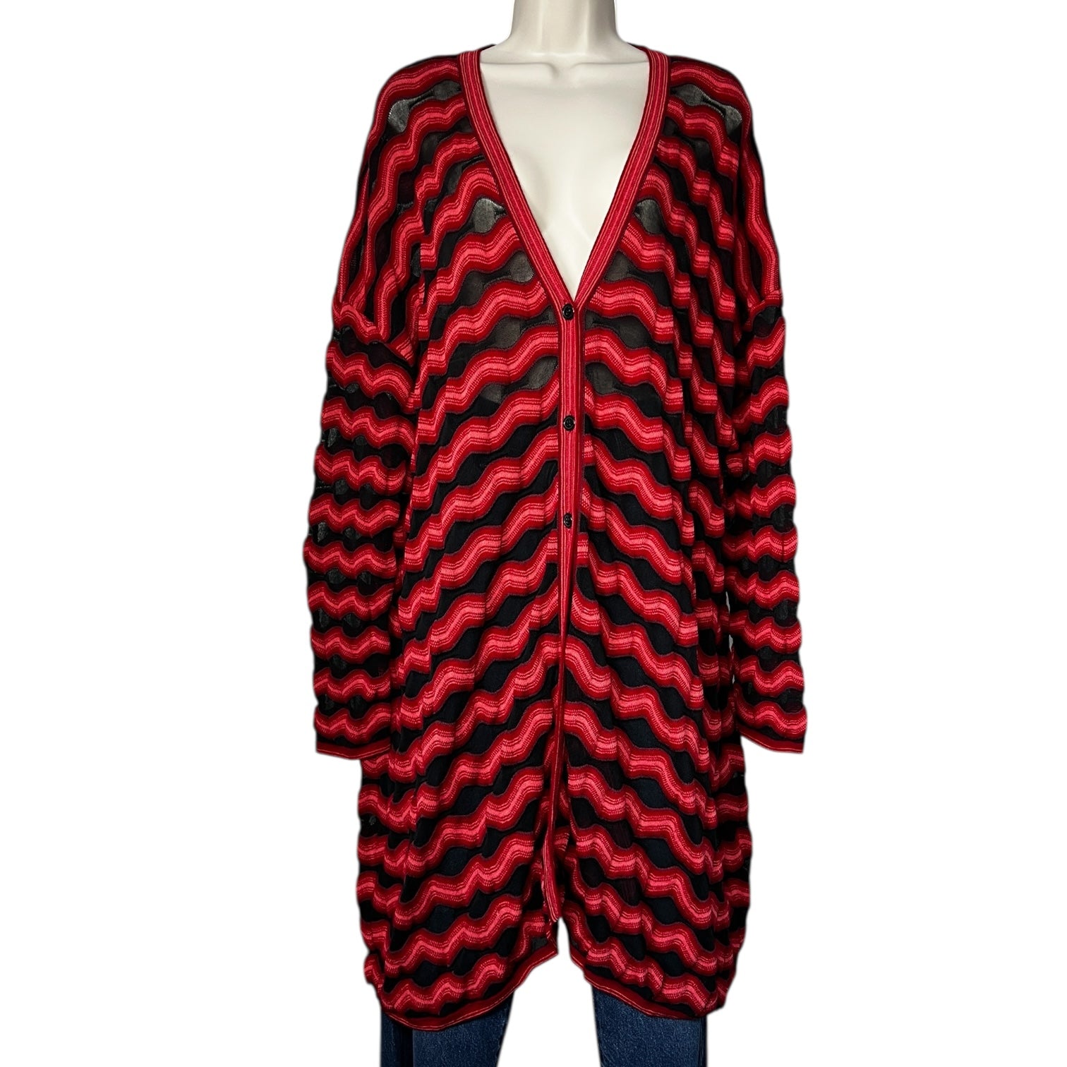 M Missoni Red & Black Zig-Zag Knit Long Cardigan – Wool Cotton Mesh, S