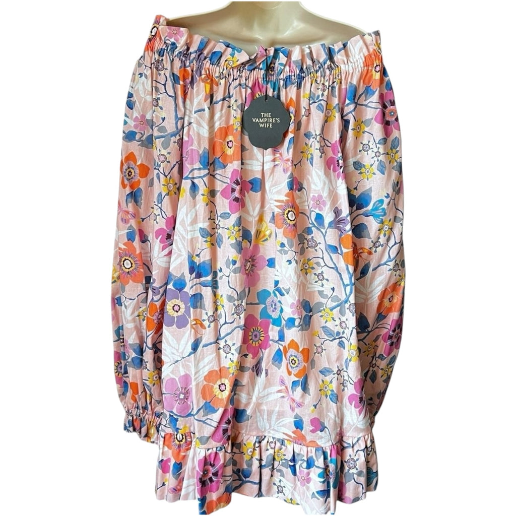 The Vampire’s Wife Off-Shoulder Linen Mini Dress – Pink Floral, M