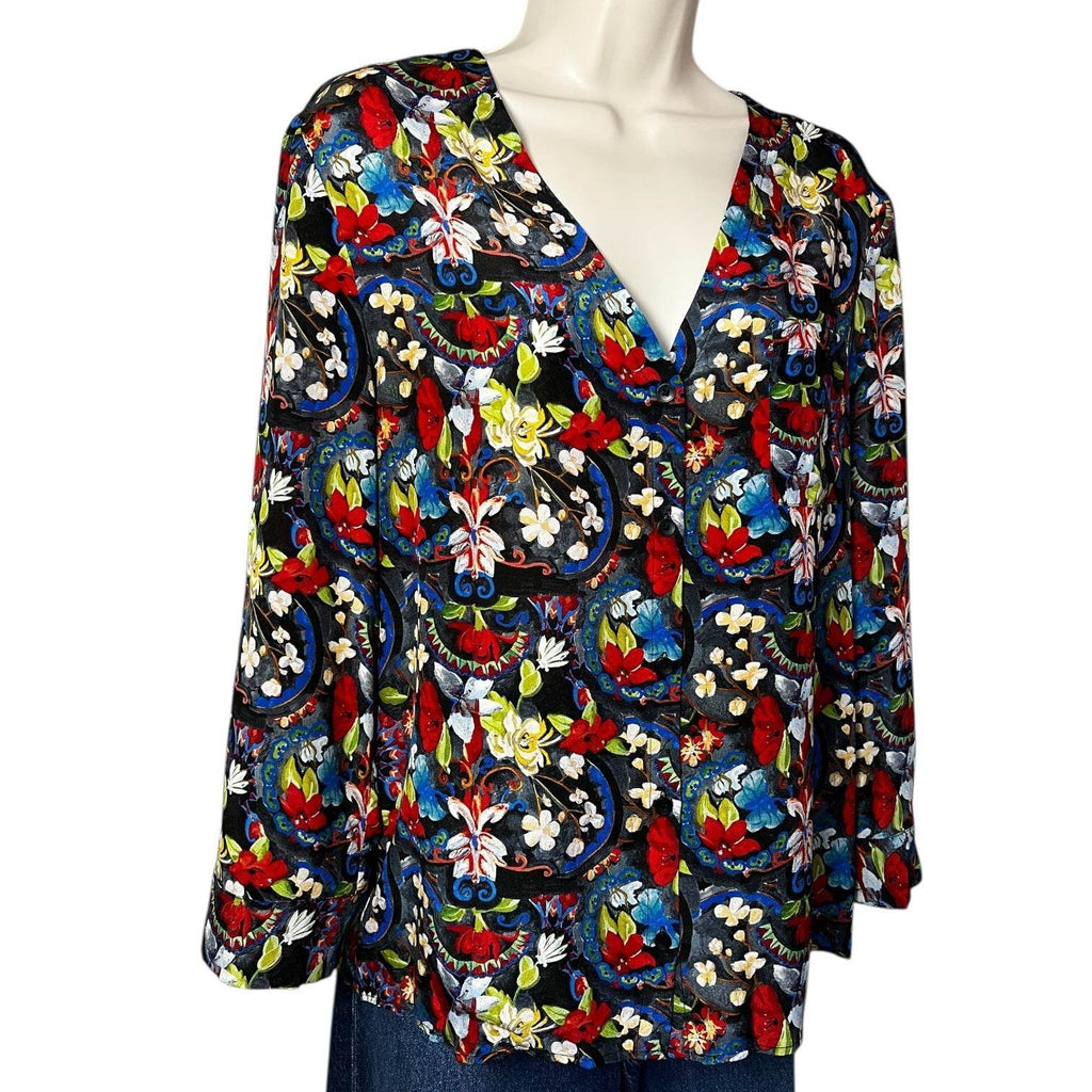 Alice + Olivia Silk Blouse – Floral Tapestry Print, Button Front, S – pre-loved