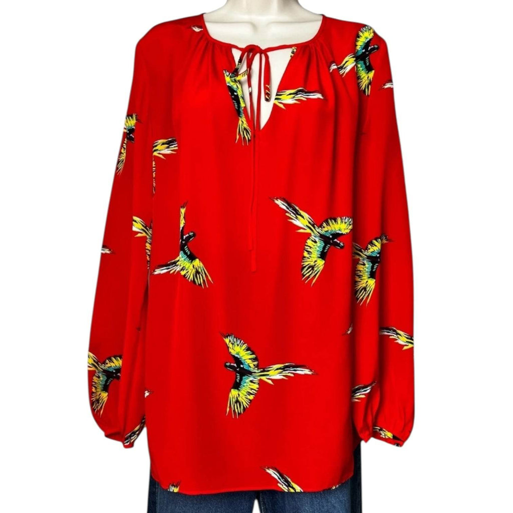 DVF Aurora Bird Print Silk Blouse – Red Tie Neck, US6 – pre-loved