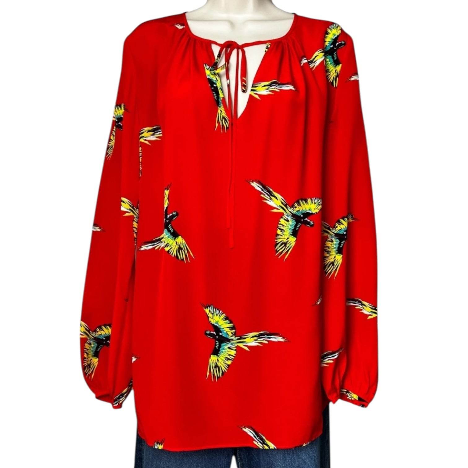 DVF Aurora Bird Print Silk Blouse – Red Tie Neck, US6 – pre-loved