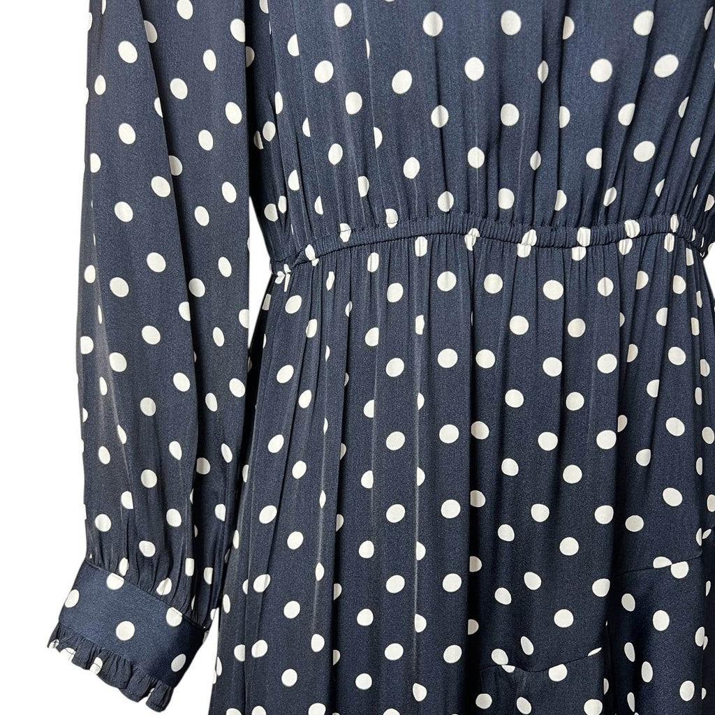 Essentiel Antwerp Polka Dot Midi Dress – Ruffle High Neck, Tiered Skirt, Navy, EU36 – pre-loved