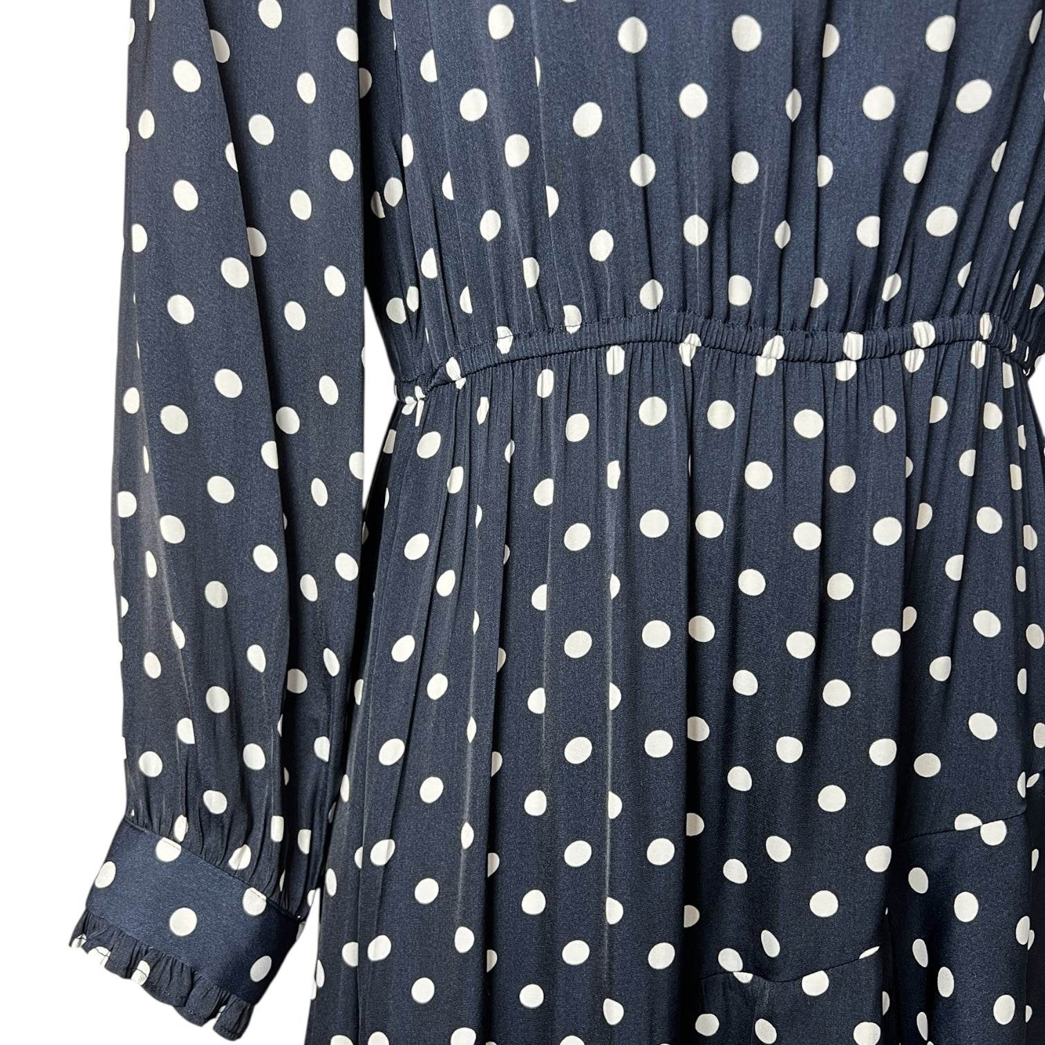 Essentiel Antwerp Polka Dot Midi Dress – Ruffle High Neck, Tiered Skirt, Navy, EU36 – pre-loved