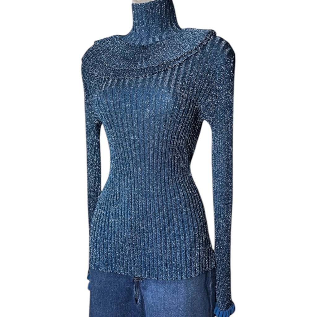 Chloé Metallic Silk Knit Turtleneck Sweater – Ruffle, S