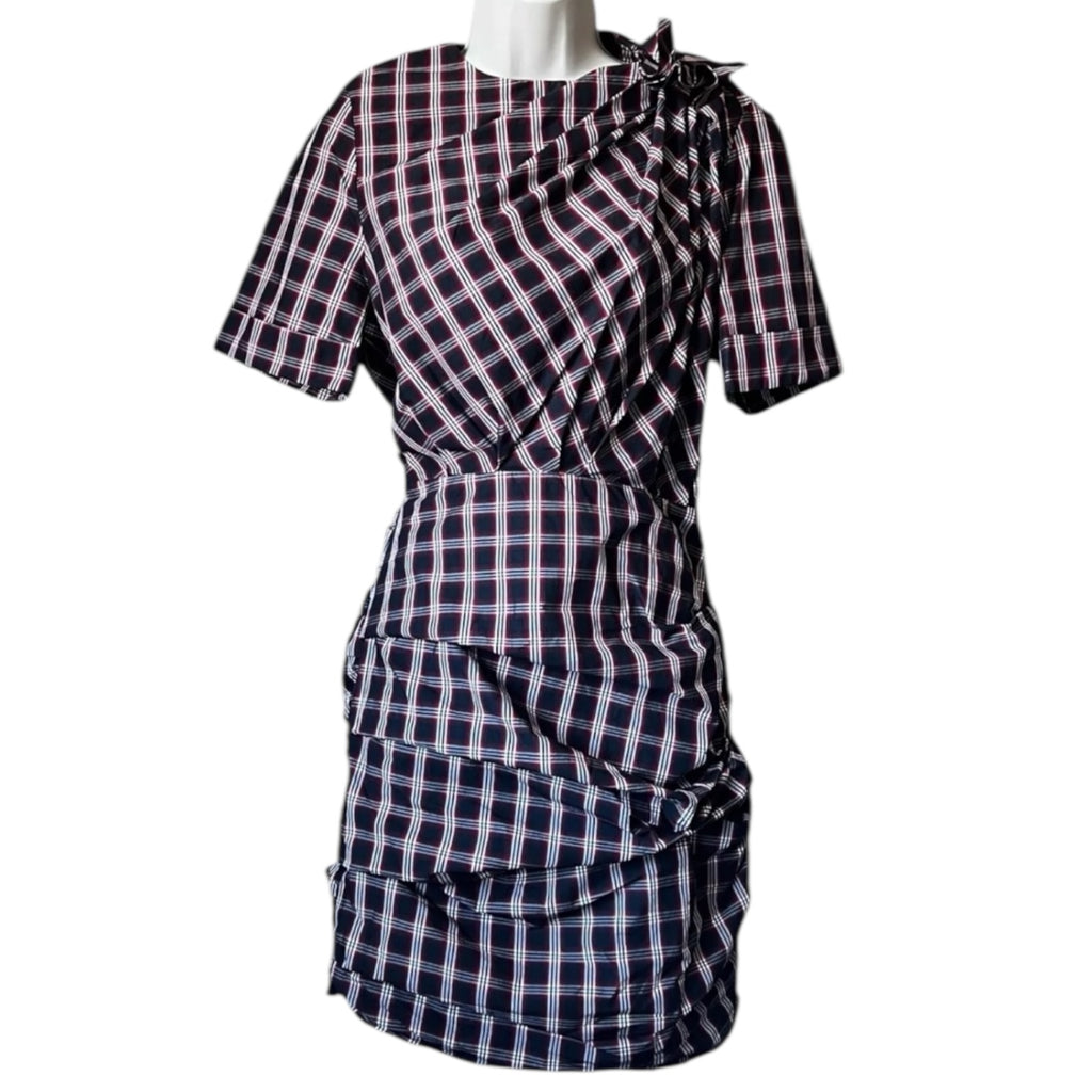 Isabel Marant Tartan Mini Dress – Ruched Cotton Check Short Sleeve, FR36