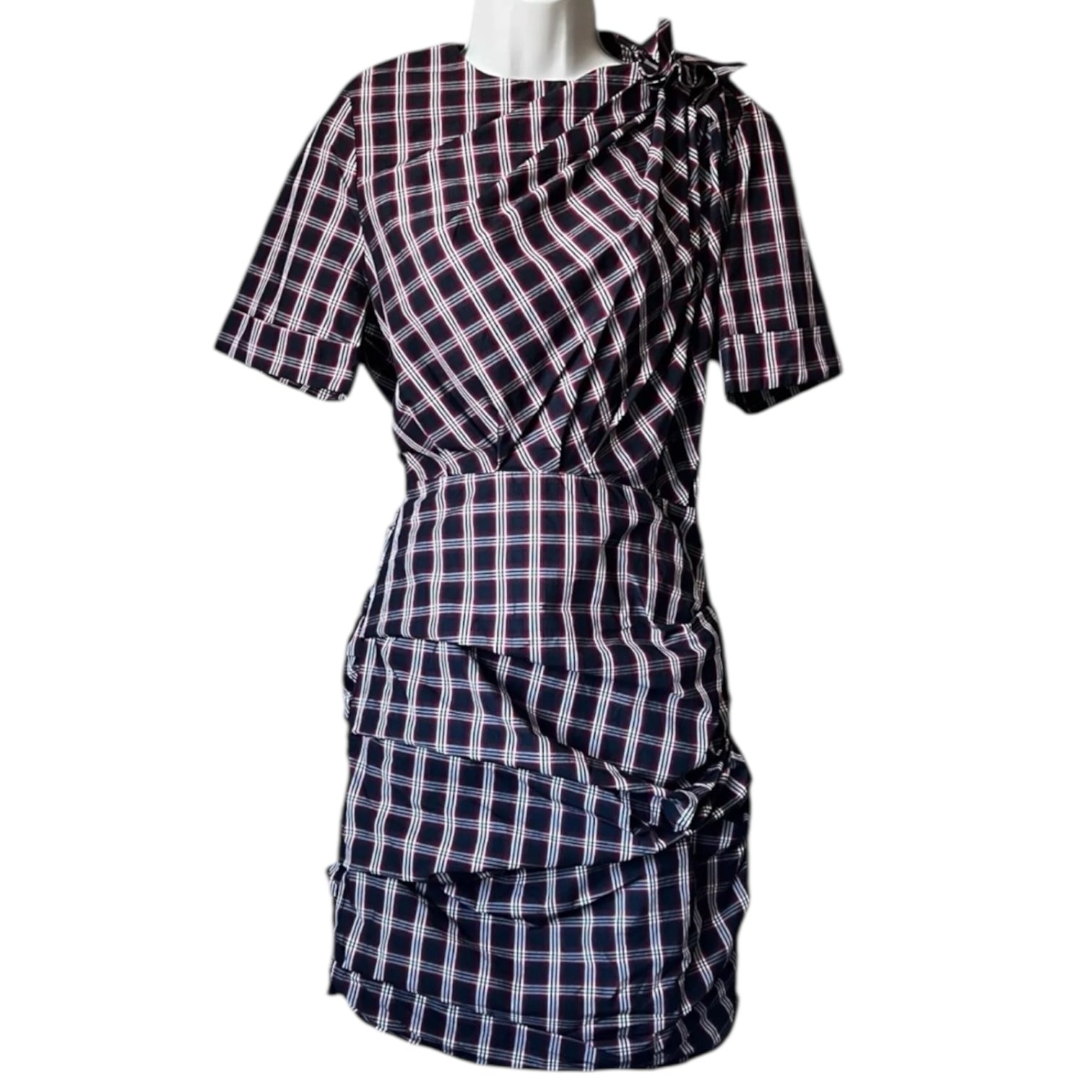 Isabel Marant Tartan Mini Dress – Ruched Cotton Check Short Sleeve, FR36
