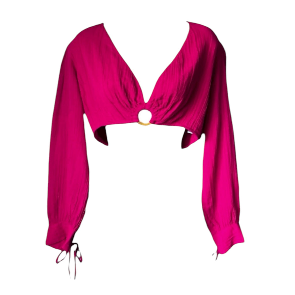 Antik Batik Plunge Ring Crop Top – Cotton Muslin Balloon Sleeve Blouse, S