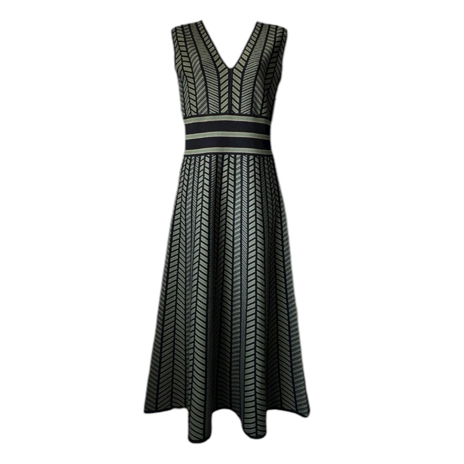 MaxMara Biavo Chevron Knit Midi Dress – Geometric Jacquard A-Line Style, M