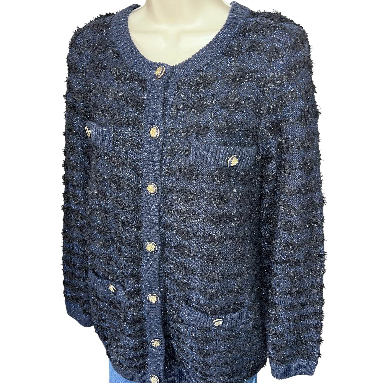 L.K. Bennett ‘Clyde’ Tweed Cardigan – Black/Navy, Size S – pre-loved