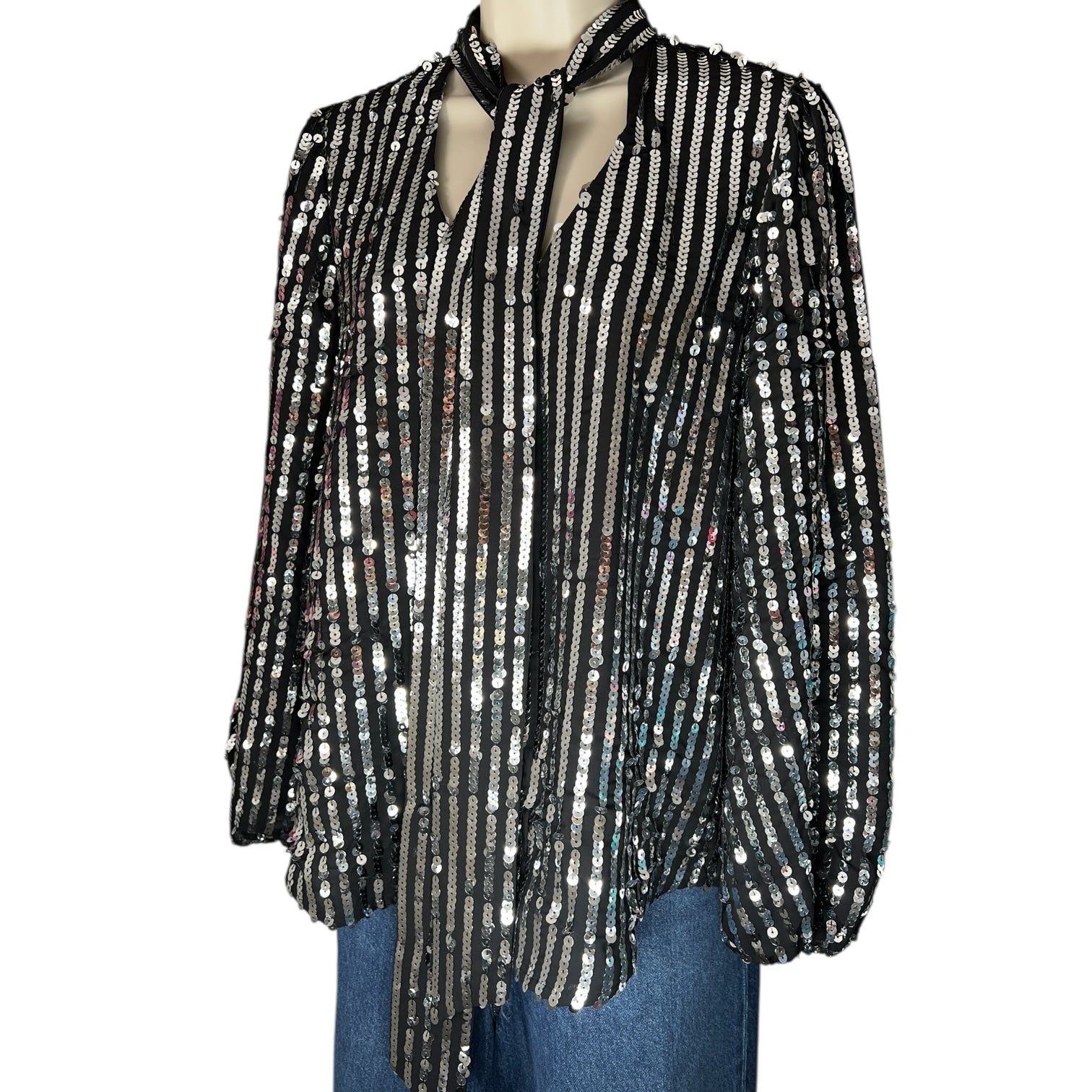 Rixo London Sequin Metallic Pussy Bow Balloon Sleeve Top – M