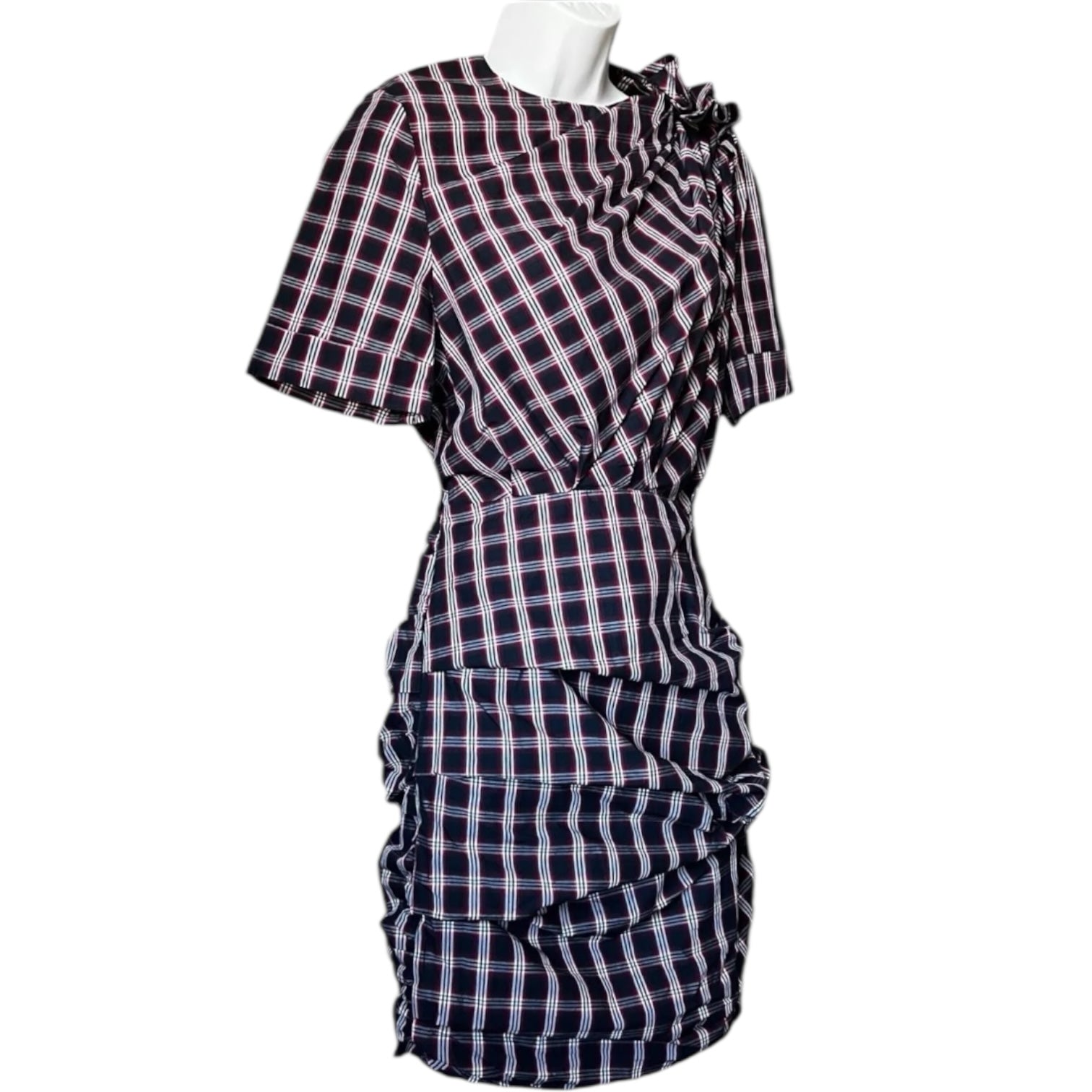 Isabel Marant Tartan Mini Dress – Ruched Cotton Check Short Sleeve, FR36