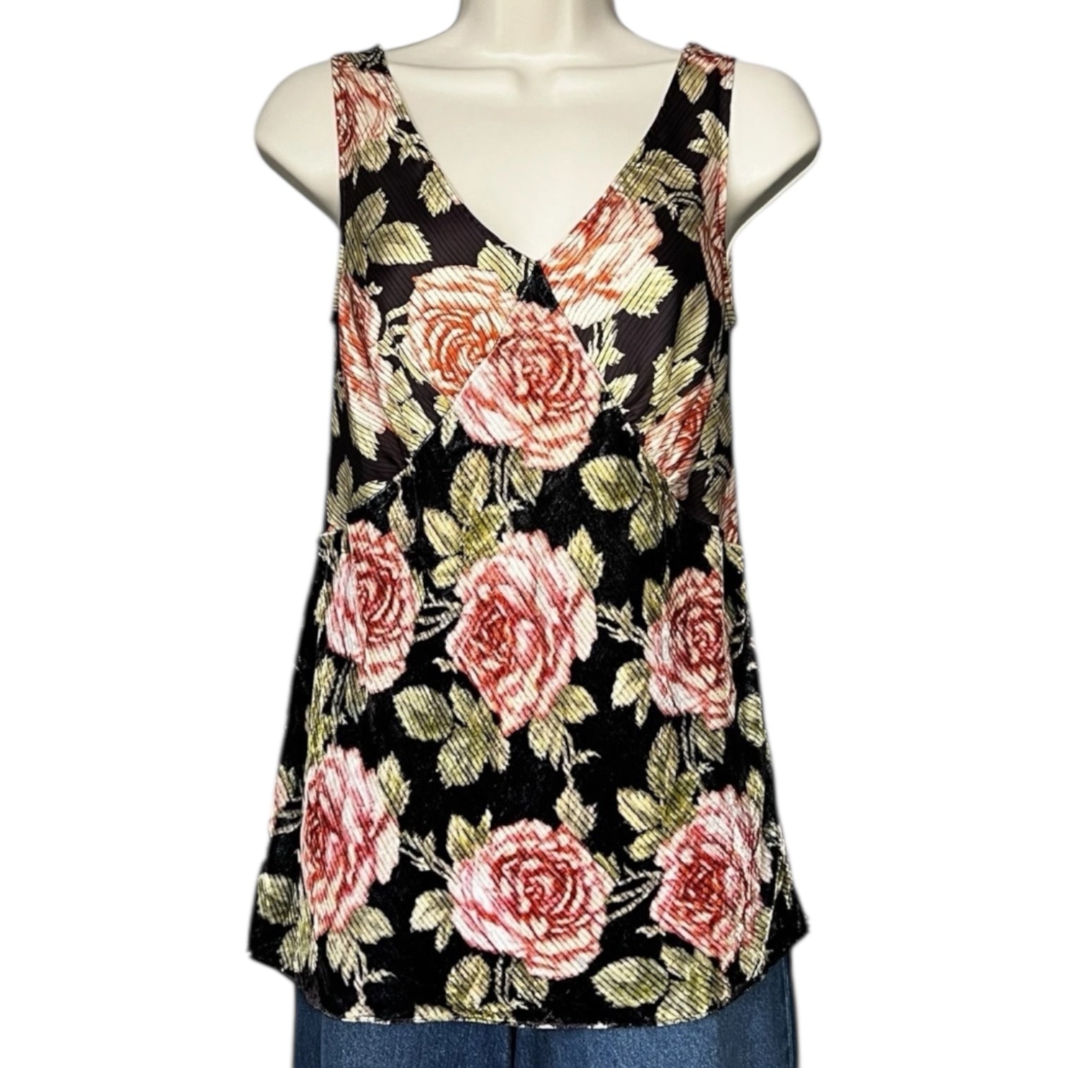 Paco Rabanne Sleeveless Velvet & Crepe Cami Top – Floral Print Blouse, FR36