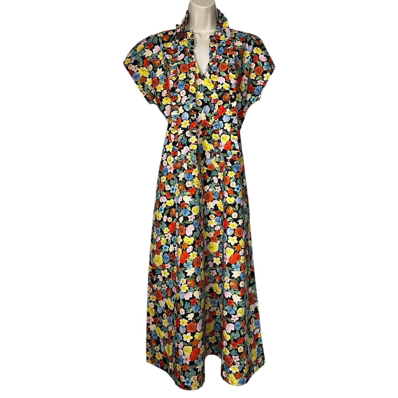 Ganni Floral Cotton Midi Dress – Ruffle Tie Neck, Boho Cottagecore Style, Size 38 (UK10) – pre-loved