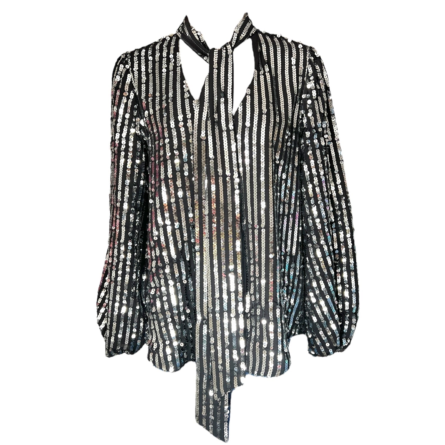 Rixo London Sequin Metallic Pussy Bow Balloon Sleeve Top – M