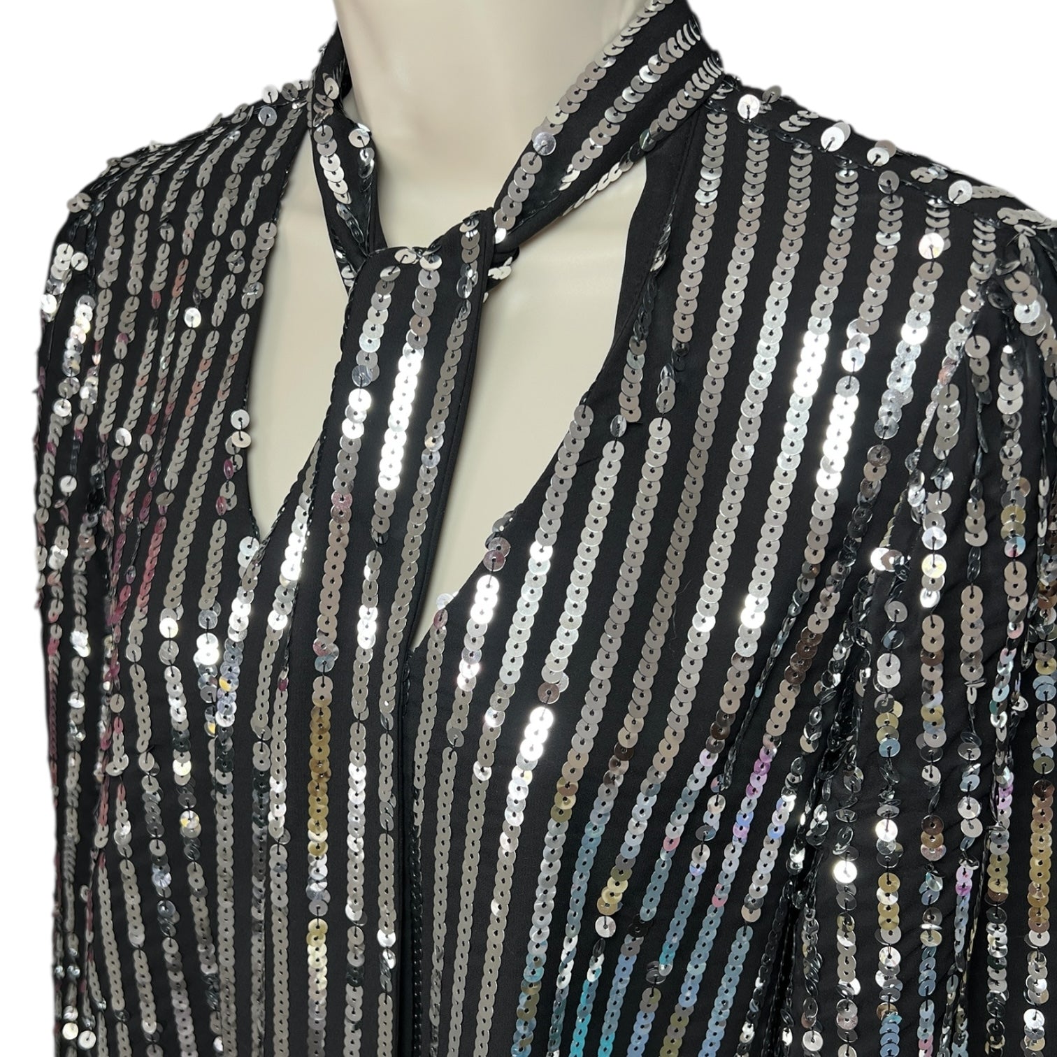 Rixo London Sequin Metallic Pussy Bow Balloon Sleeve Top – M