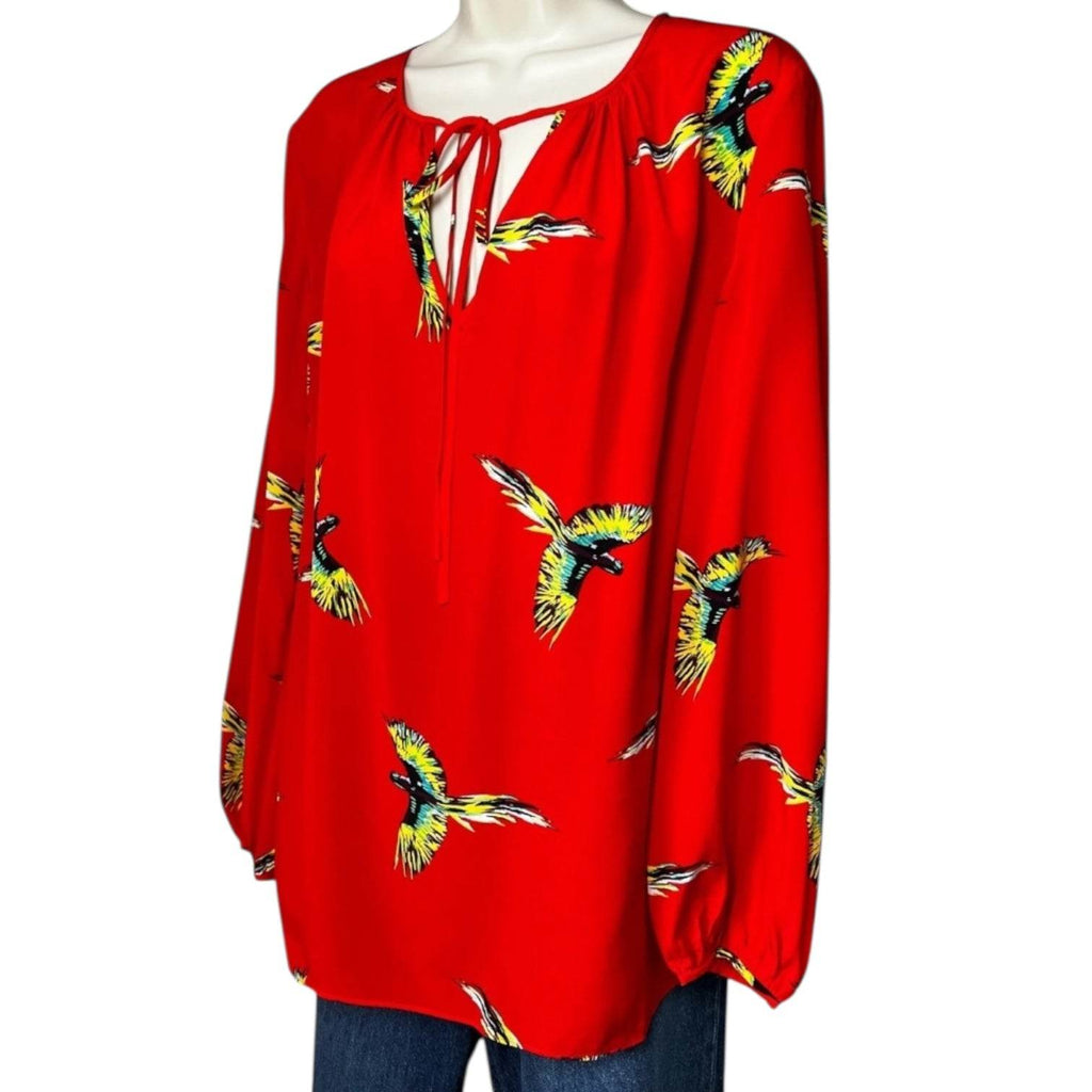 DVF Aurora Bird Print Silk Blouse – Red Tie Neck, US6 – pre-loved