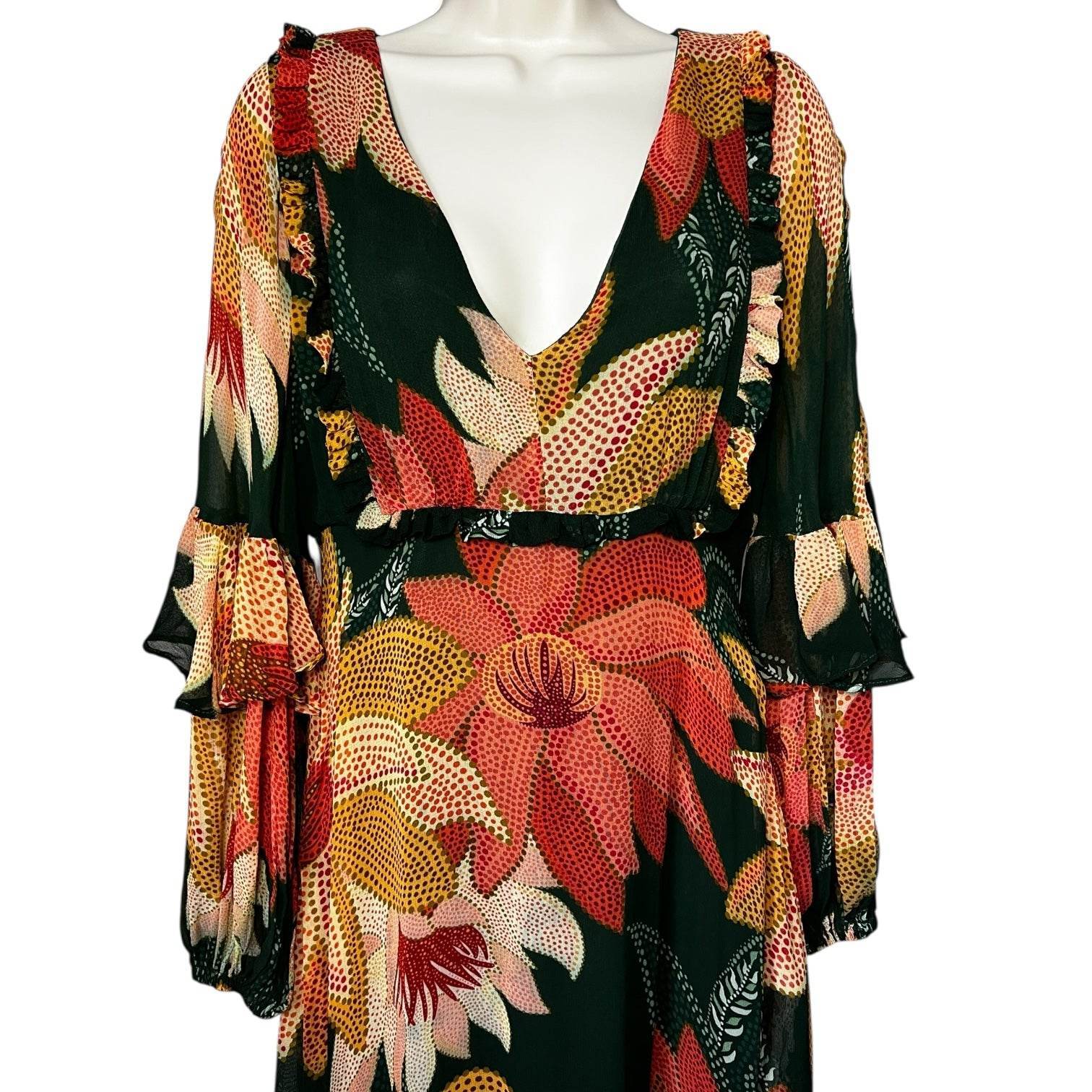 Farm Rio Floral Ruffle Maxi Dress – Balloon Long Sleeves, XS – pre-loved