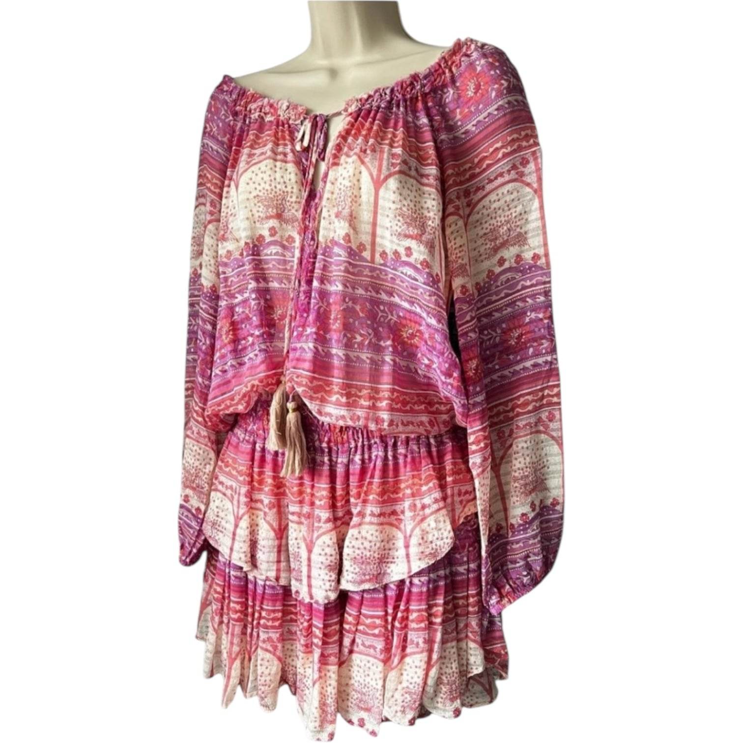 LoveShackFancy Silk Mini Dress – Off-Shoulder, Tiered Skirt, Boho Beach Style, Size L – pre-loved