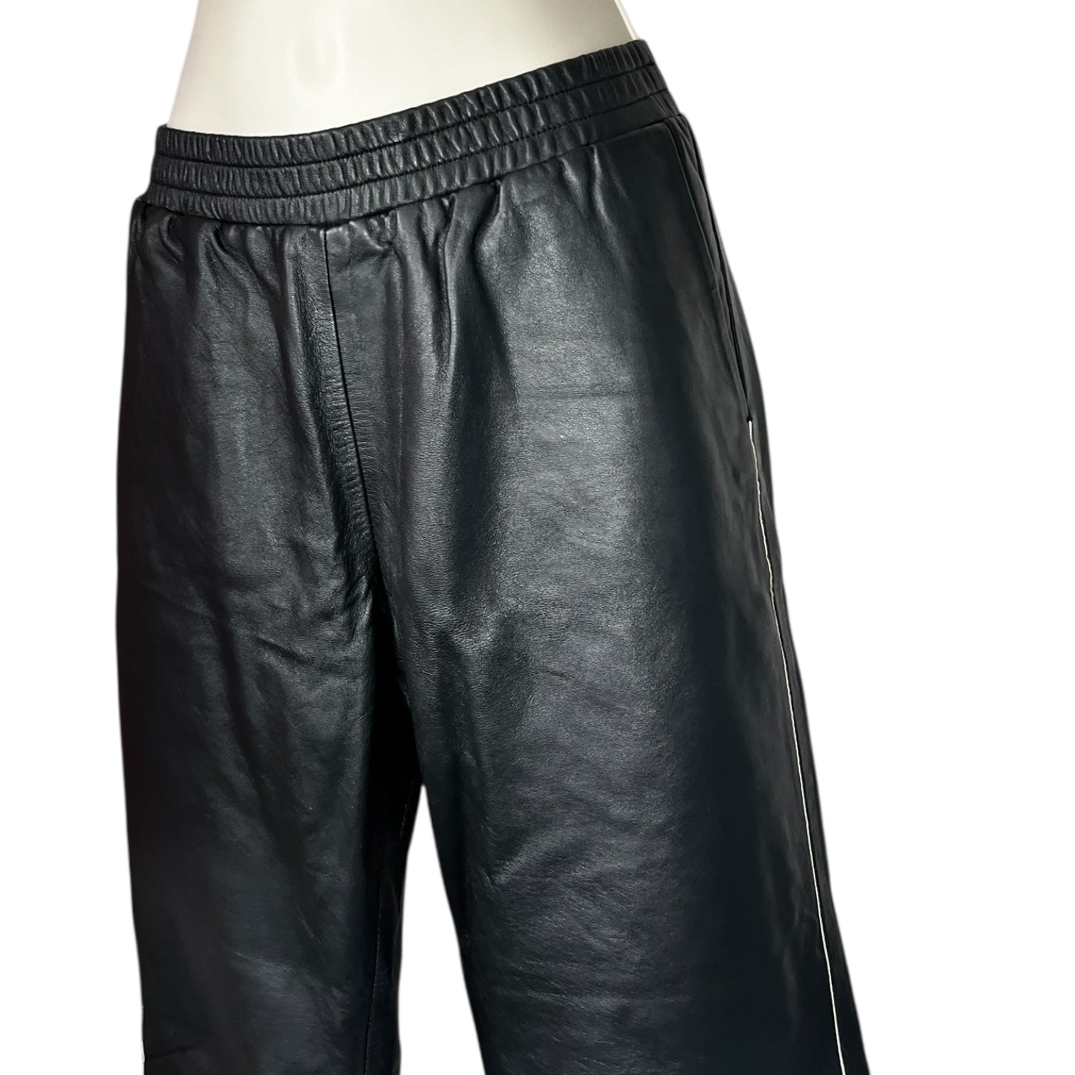 Maje Leather Jogger Pants – Black with White Tuxedo Stripe, UK8 (Based on Measurements)