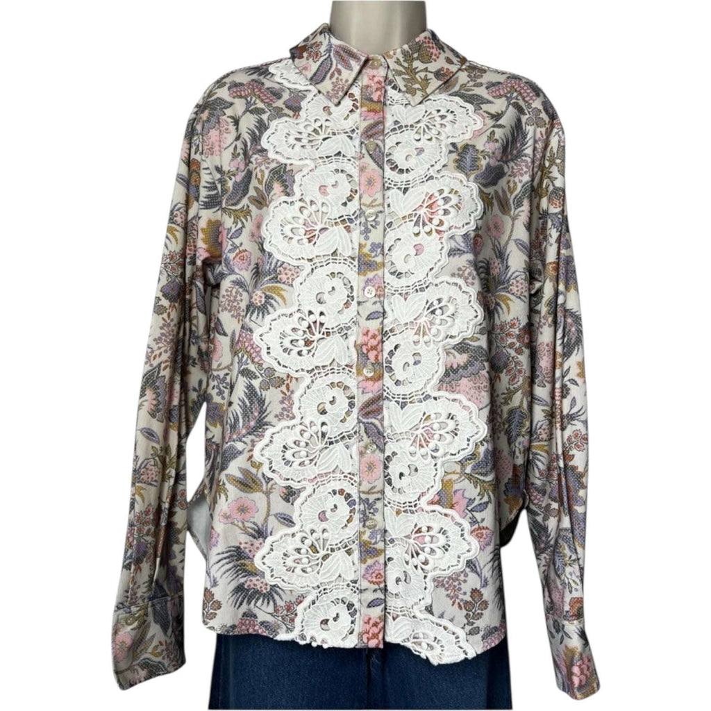 See By Chloé Floral Corduroy Shirt – Lace Trim, Balloon Sleeves, FR38 – pre-loved