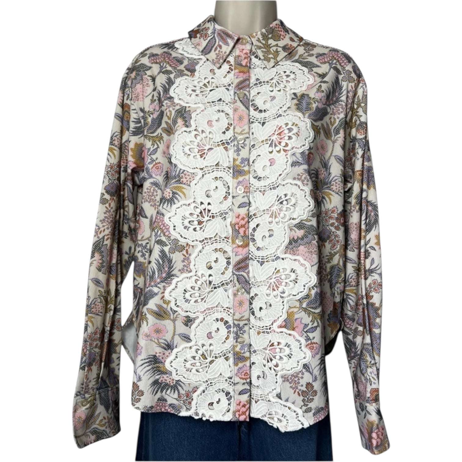 See By Chloé Floral Corduroy Shirt – Lace Trim, Balloon Sleeves, FR38 – pre-loved