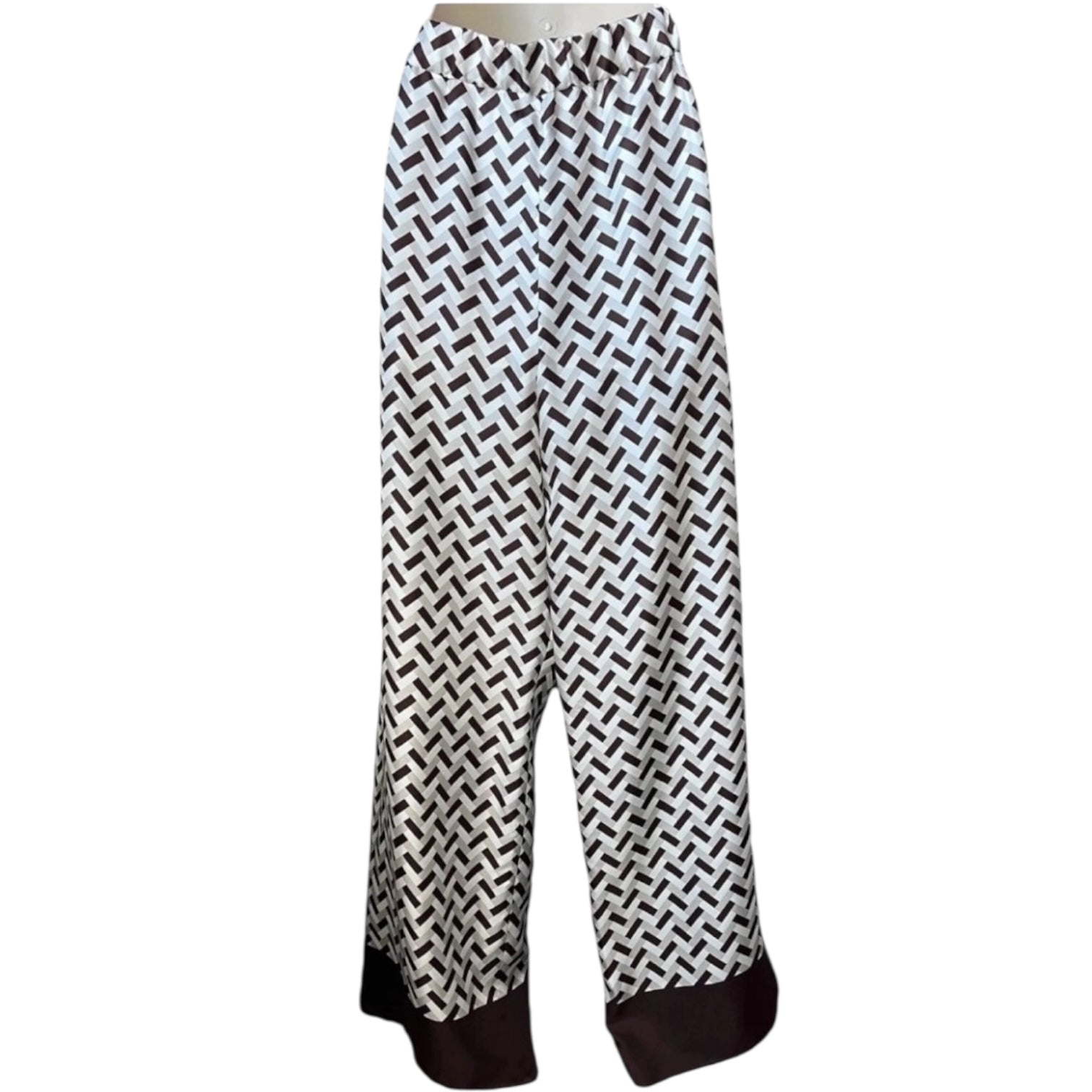 MaxMara Silk Wide-Leg Trousers – Retro Geometric Print, Lounge-Chic Pyjama Style, UK 14 – pre-loved