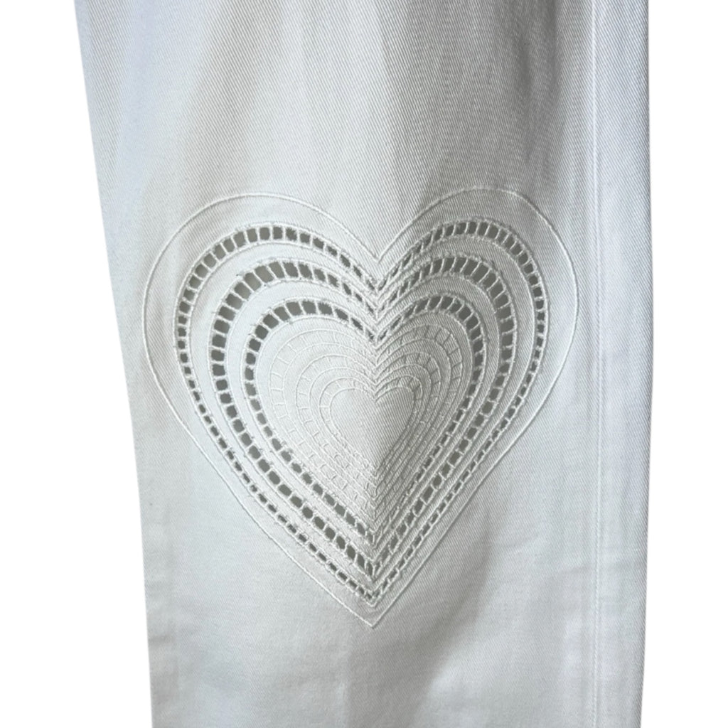 Christopher Kane Heart Embroidered Straight Boyfriend Jeans – White, Sz 25