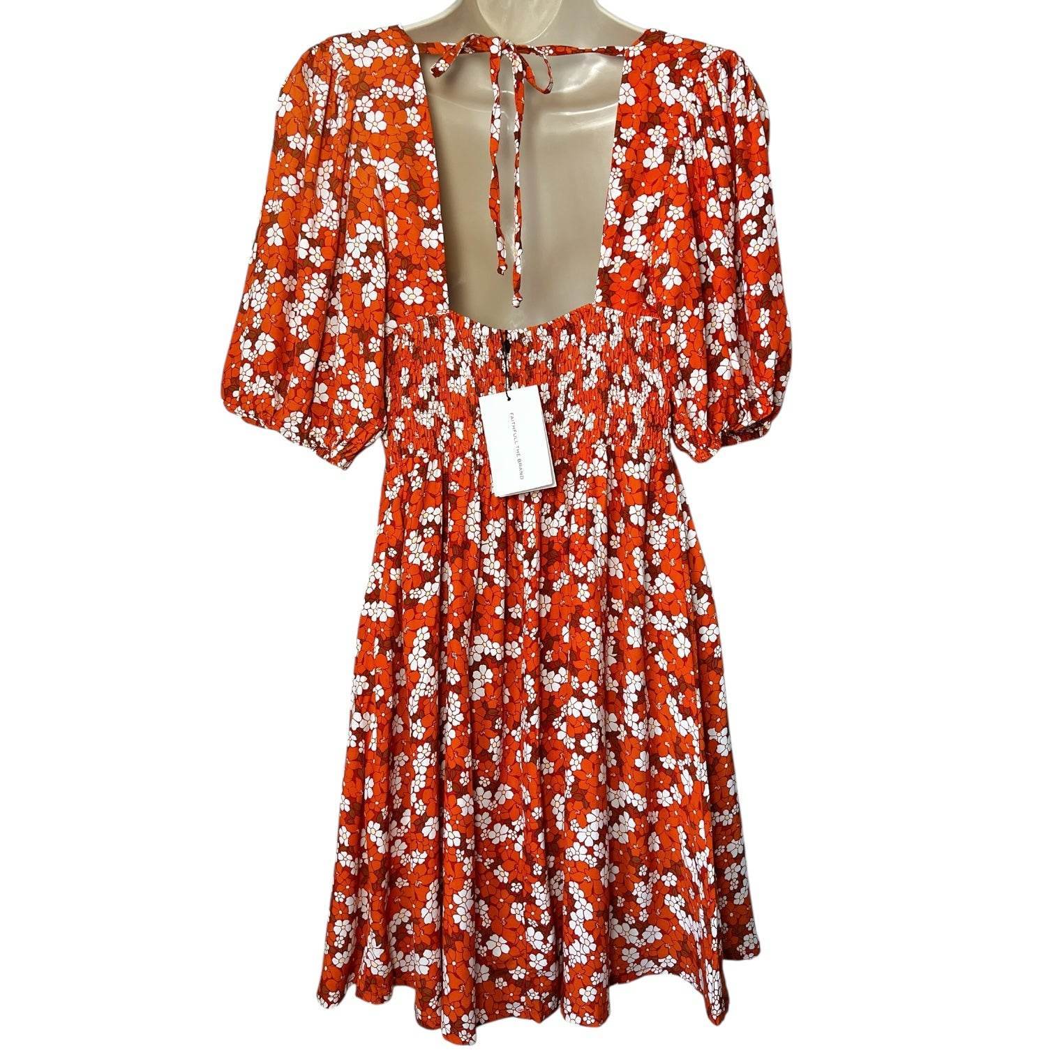 Faithfull The Brand Floral Mini Dress – Puff Sleeves, Open Back, M – pre-loved