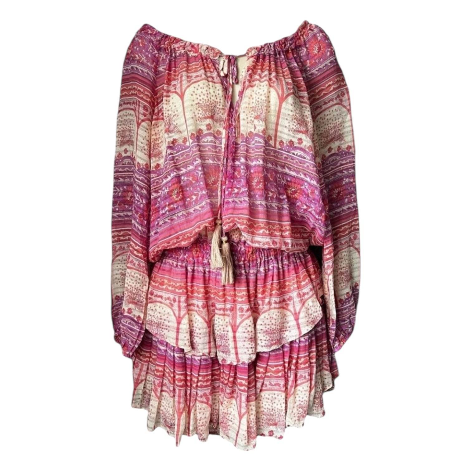 LoveShackFancy Silk Mini Dress – Off-Shoulder, Tiered Skirt, Boho Beach Style, Size L – pre-loved